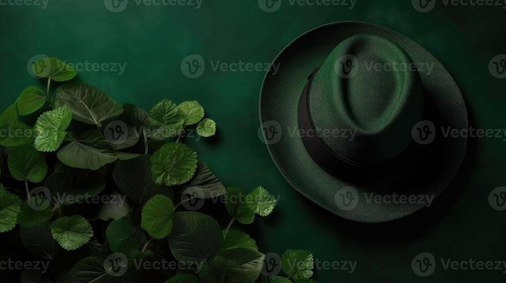 Green hat and green leaves on green pastel background for St Patrick's, photo