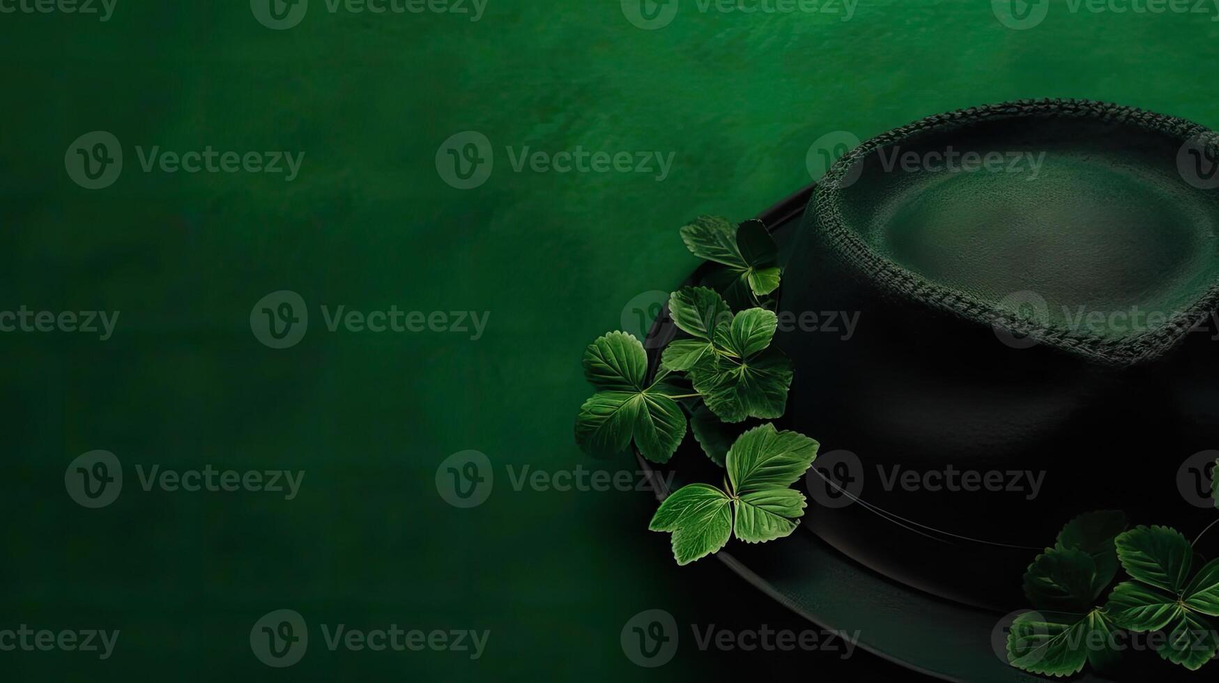 Top View of St Patrick's banner concept design of green hat and green leaves on pastel background, photo