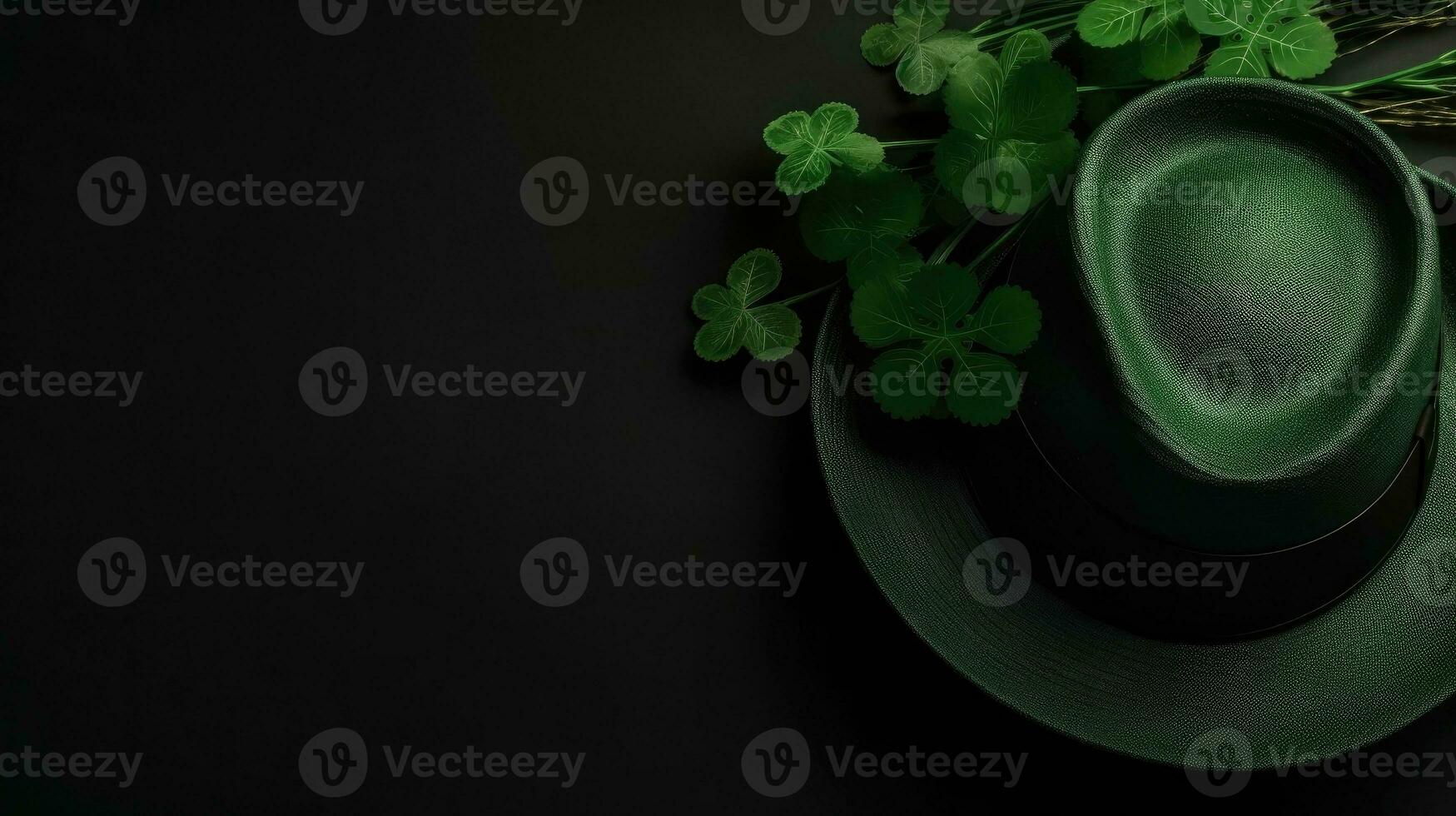 Top View of St Patrick's banner concept design of green hat and green leaves on pastel background, AI Generative photo