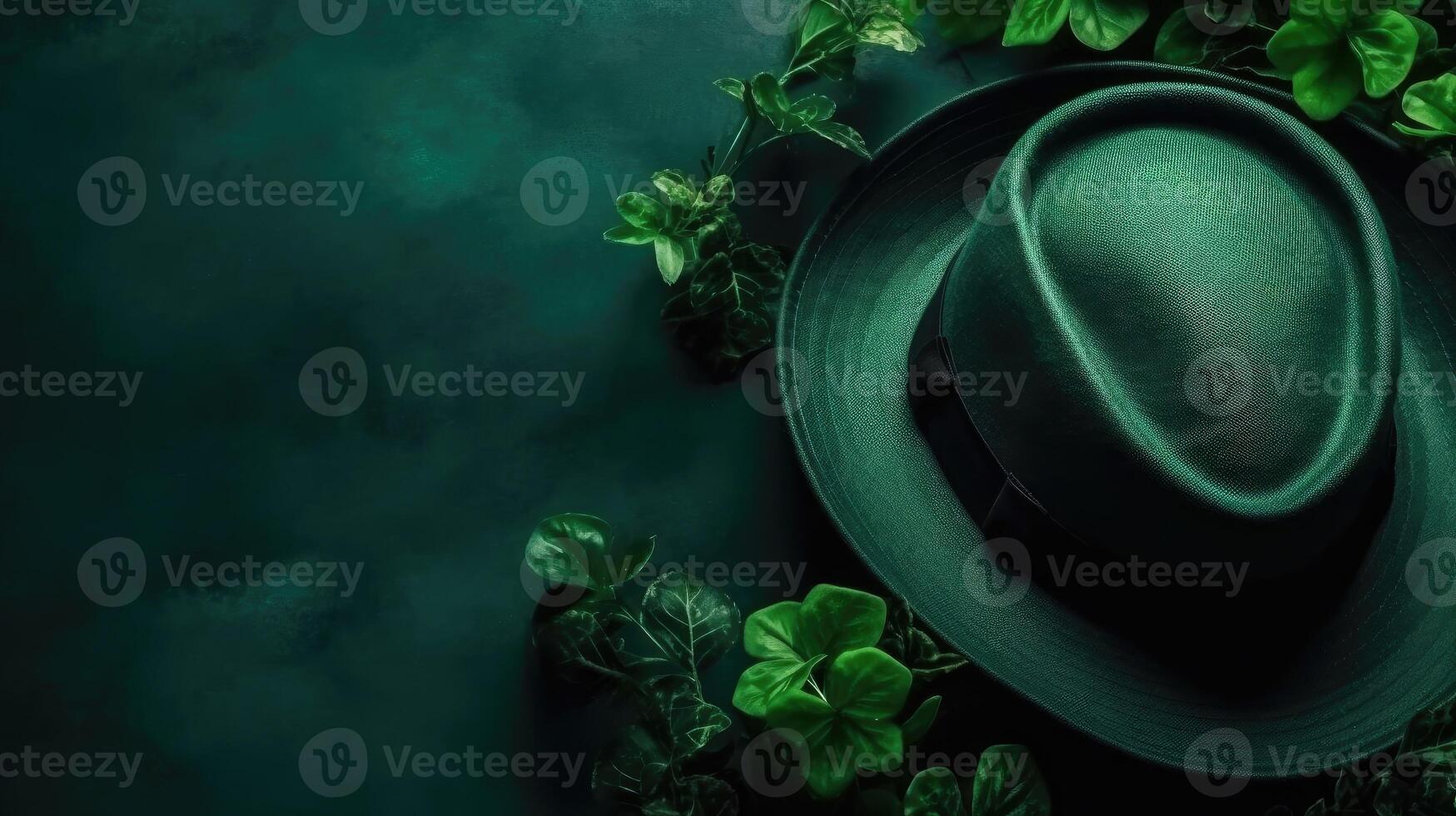 Top View of St Patrick's banner concept design of green hat and green leaves on pastel background, photo