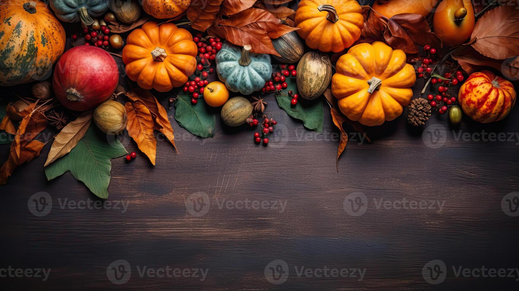 Thanksgiving day design of a collection of pumpkins and other vegetables for banner background, photo