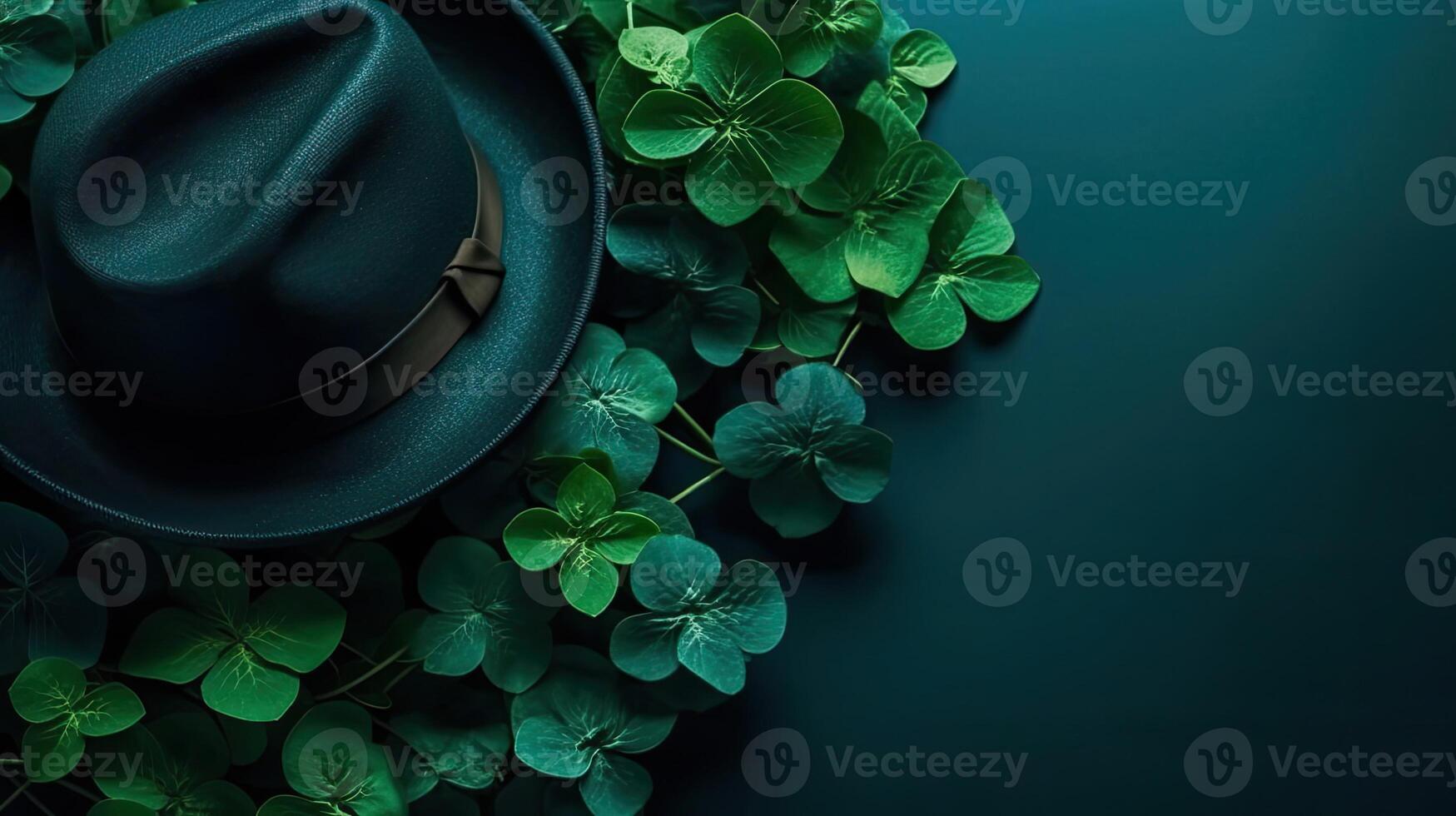St Patrick's Background with green hat and green leaves on green pastel background, photo