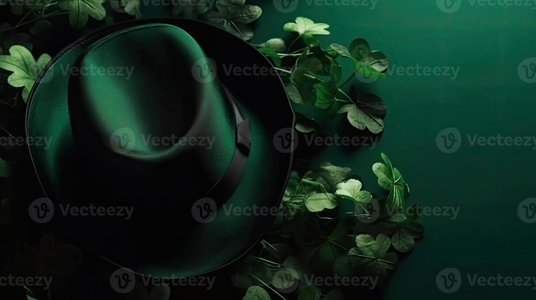 St Patrick's banner concept design of green hat and green leaves on green pastel background, photo
