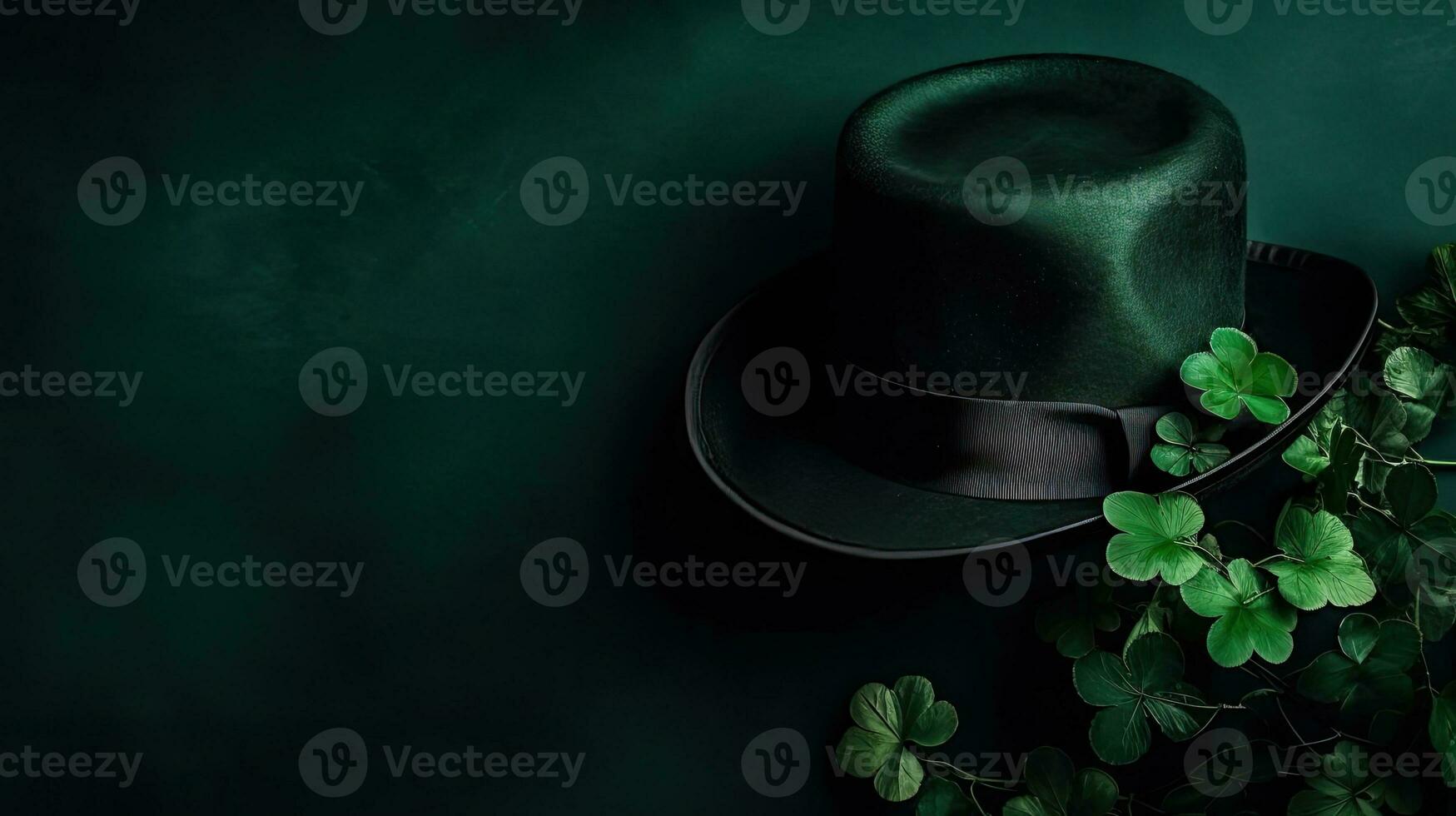 green hat and green leaves on green pastel background for St Patrick's sale banner, AI Generative photo