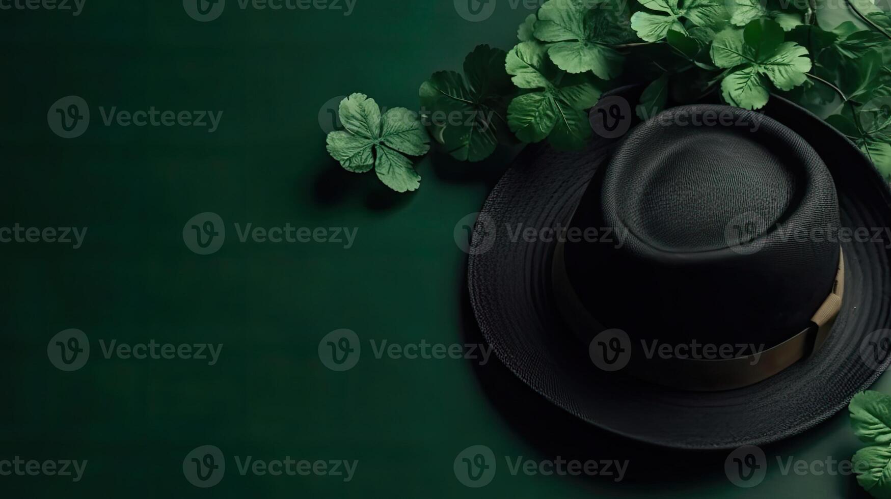 St Patrick's sale banner background with green hat and green leaves on green pastel background, photo