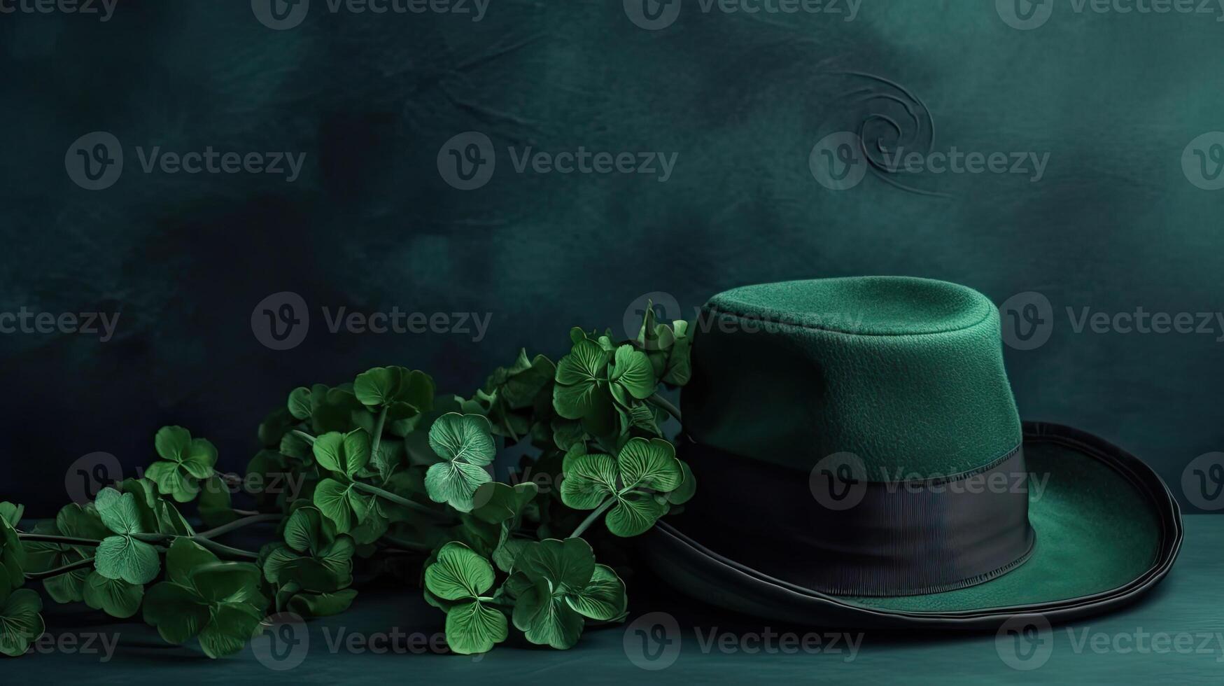 Side View of st patricks banner concept design of green hat and green leaves on green pastel background, AI Generative photo