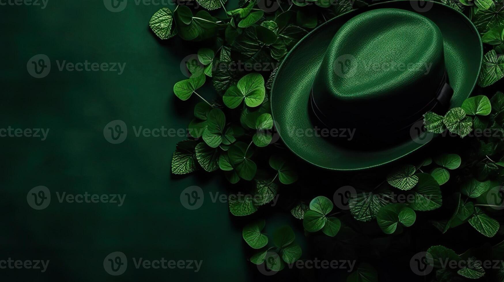 Top View of St Patrick's banner concept design of green hat and green leaves on green pastel background, photo