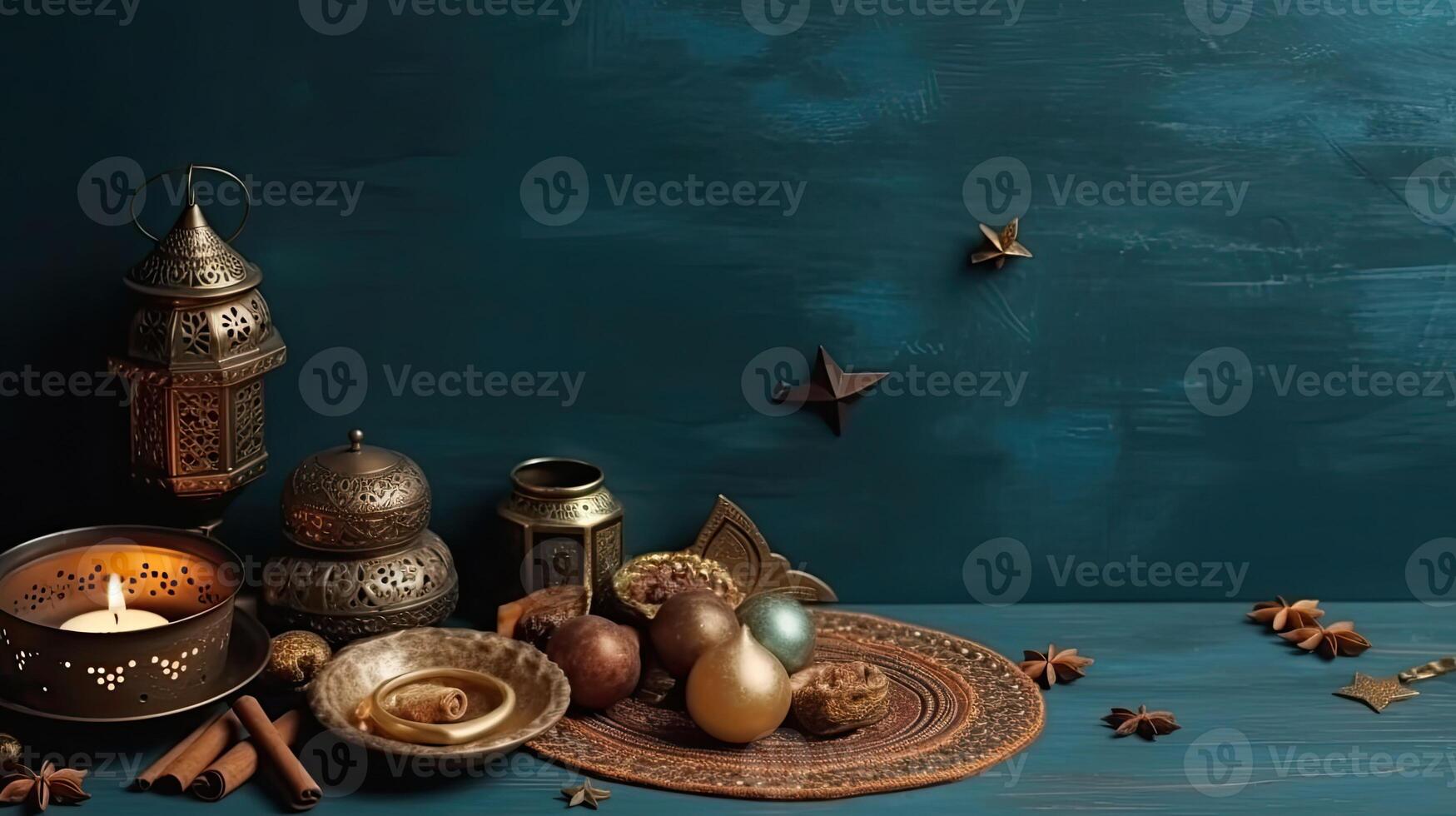 Side View of Ramadan banner concept design of Ramadan lights and food on pastel background, photo