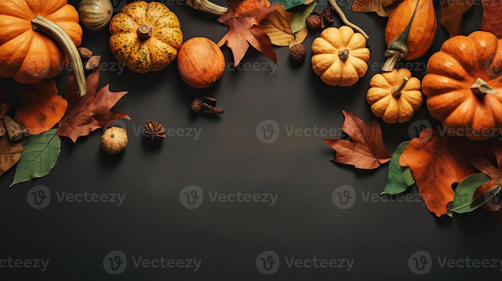 Thanksgiving day with a collection of pumpkins and other vegetables on brown wood table background, photo