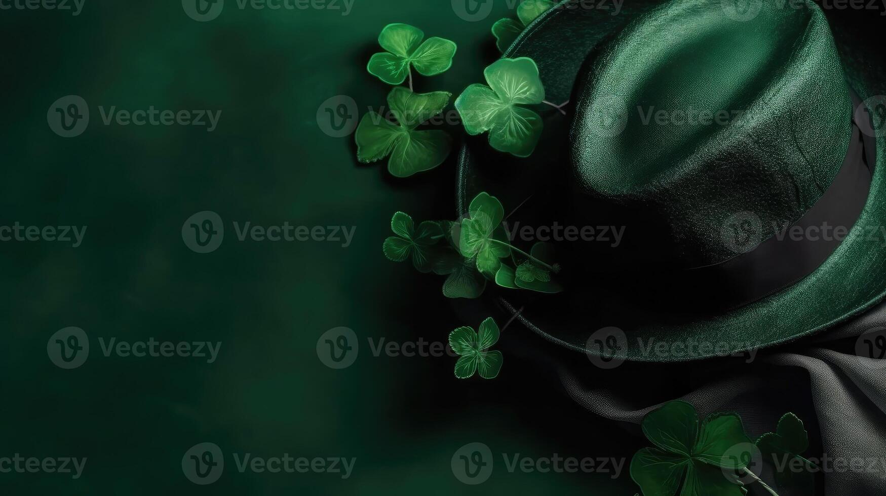 Top View of st patricks banner concept design of green hat and green leaves on green pastel background, photo