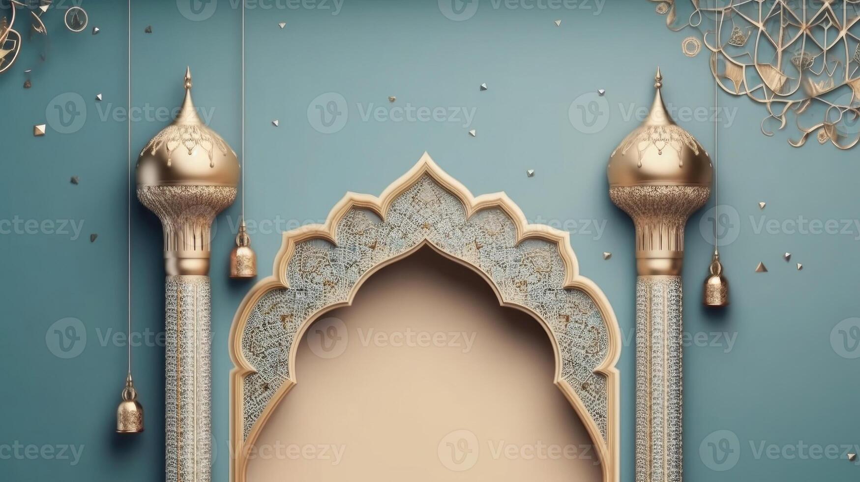 Side View of Ramadan banner concept design of Ramadan lights on pastel background, photo