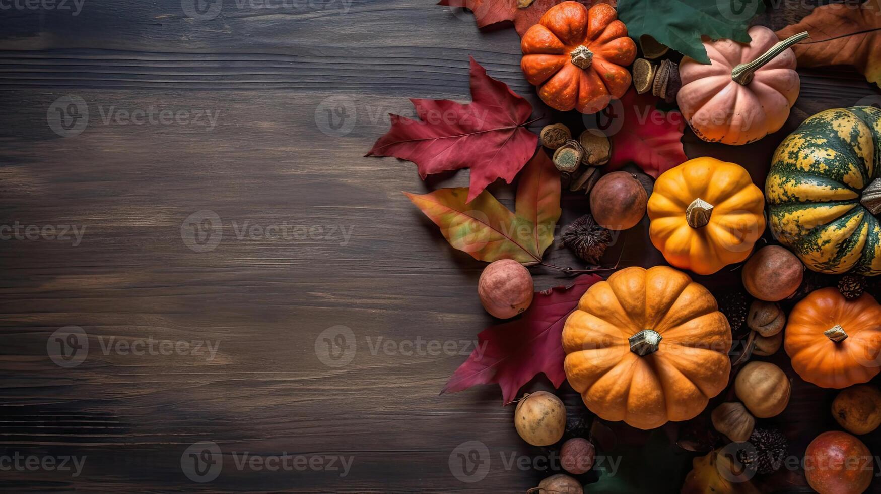 Thanksgiving day with a collection of pumpkins and other vegetables on brown wood table background, photo