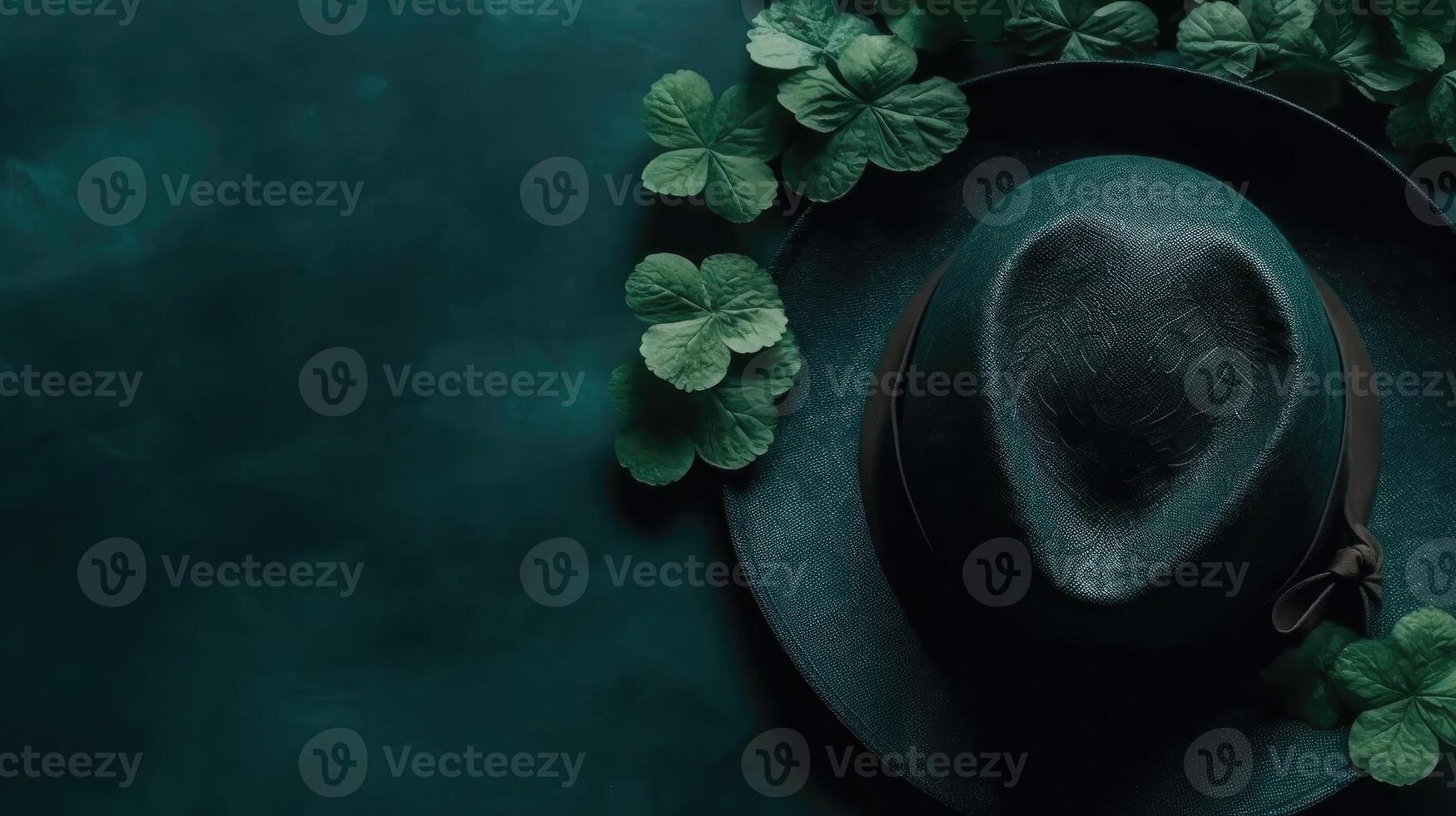 St Patrick's with green hat and green leaves on green pastel background, photo
