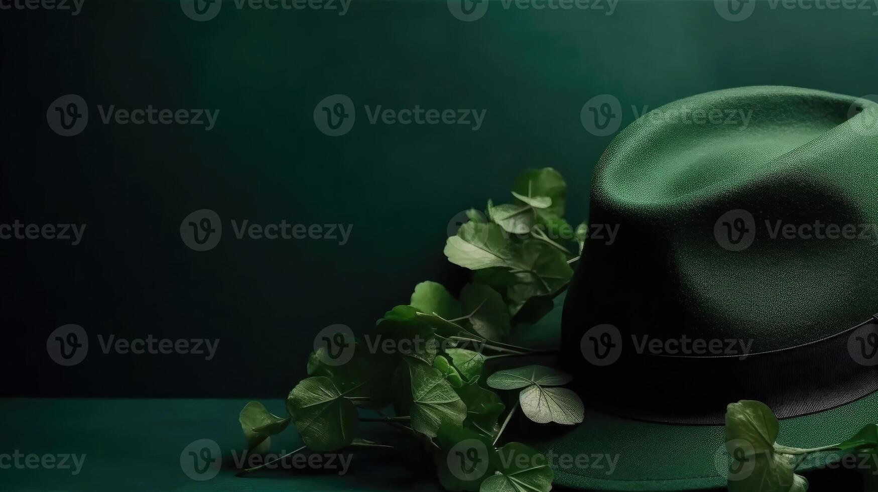 St Patrick's with green hat and green leaves on green pastel background, photo