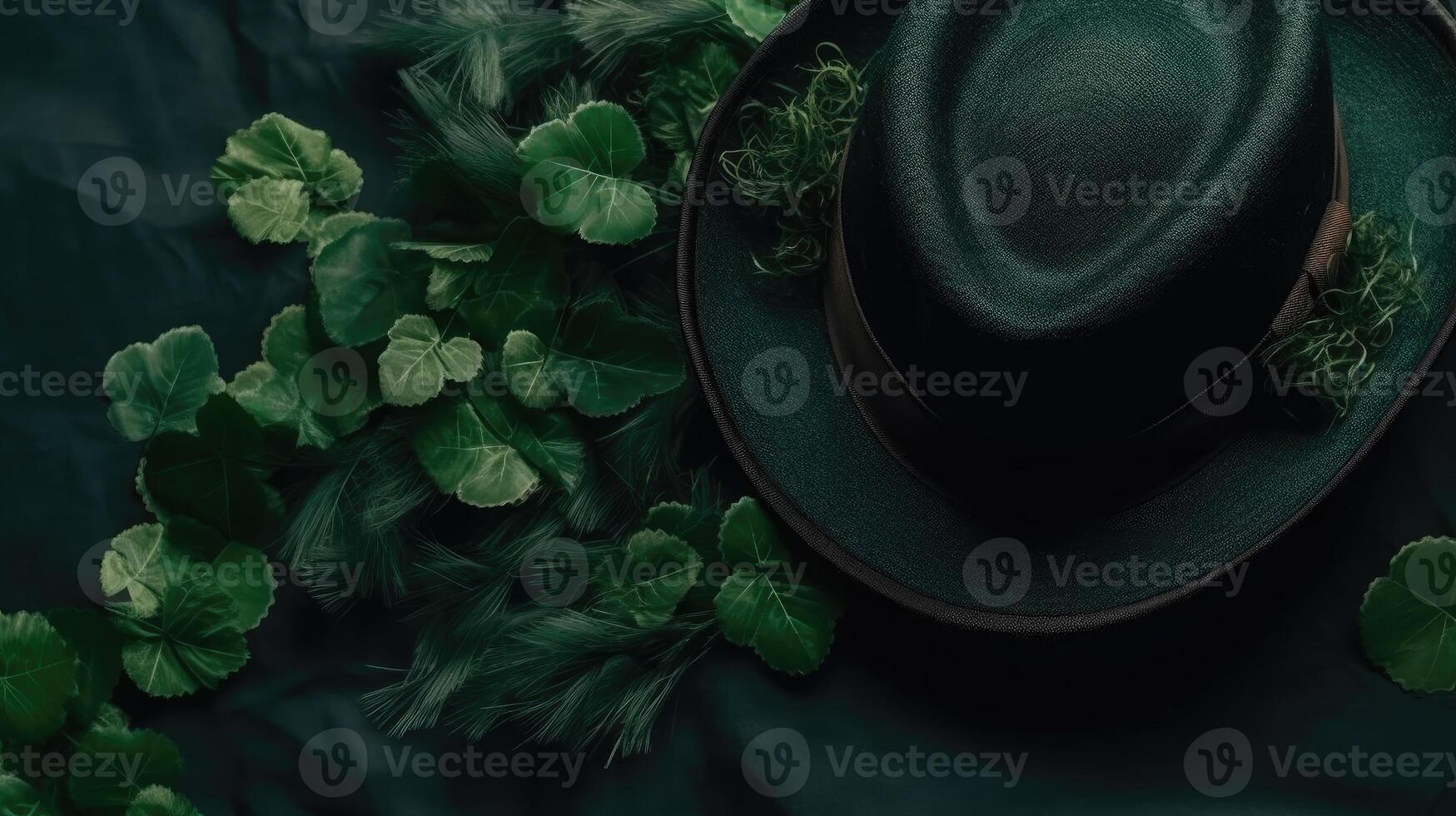 Background design sale banner for St Patrick's with green hat and green leaves, photo