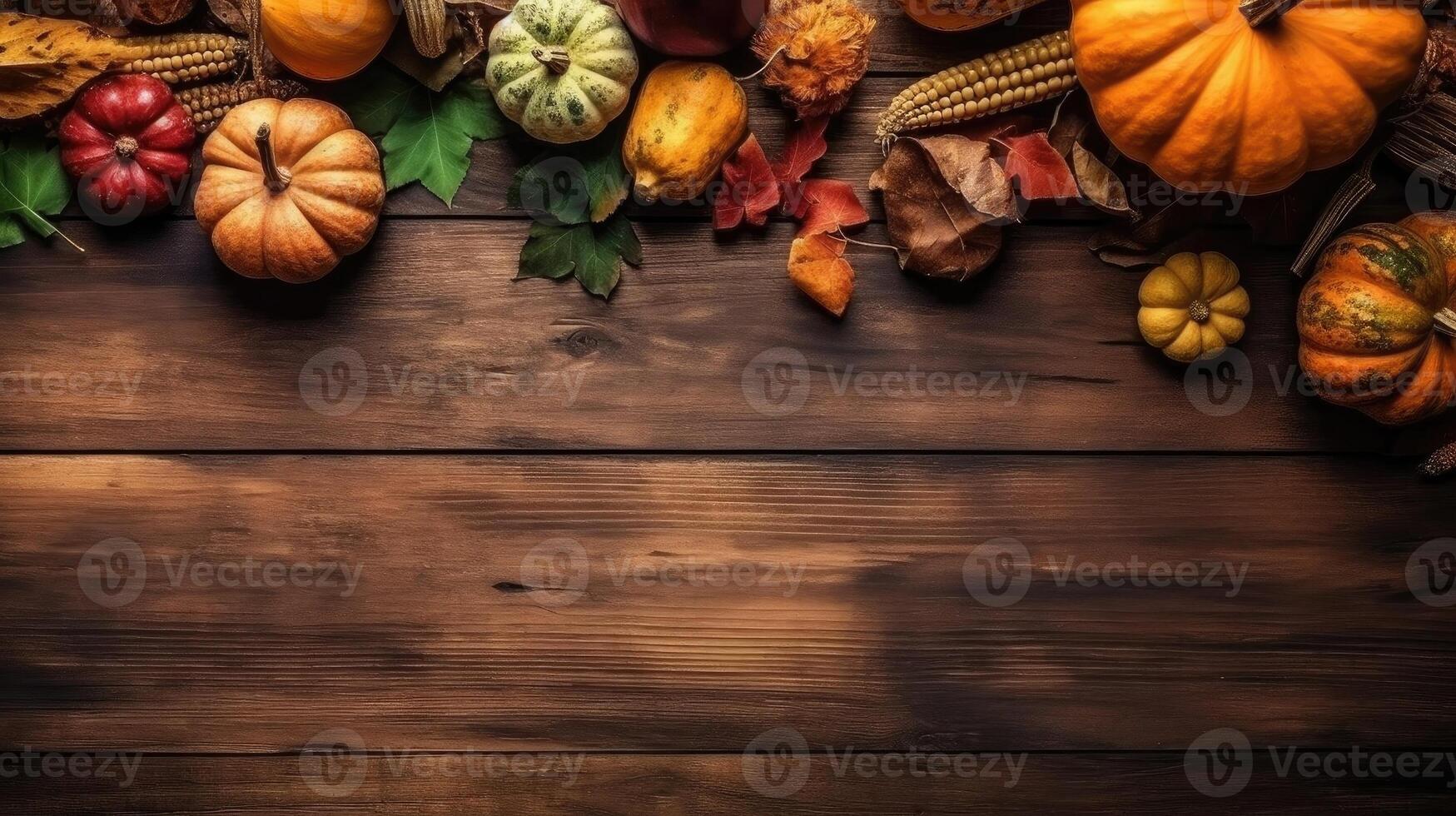 Thanksgiving Day banner design with brown wood table background, photo