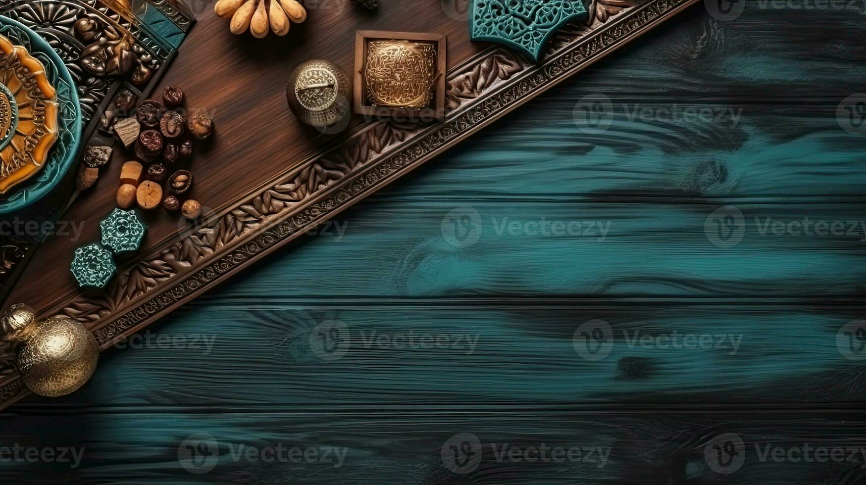 Ramadan Banner concept design of Ramadan lights and food on wood background, AI Generative photo