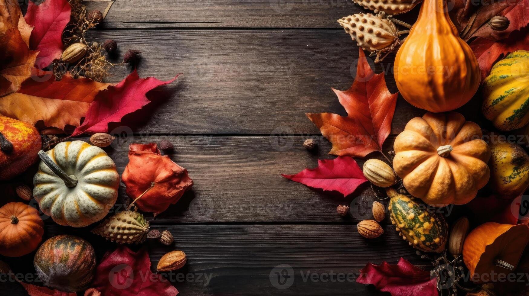 Top View of Thanksgiving day banner design of a collection of pumpkins and other vegetables on brown wood table background, photo
