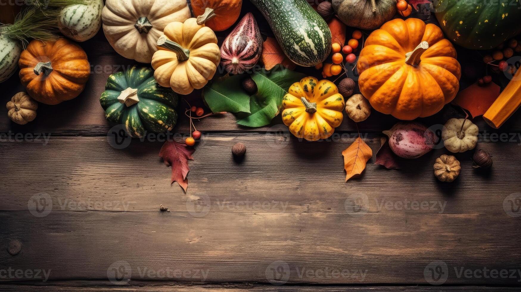 Thanksgiving Day with a collection of pumpkins on wood table background for banner design, photo