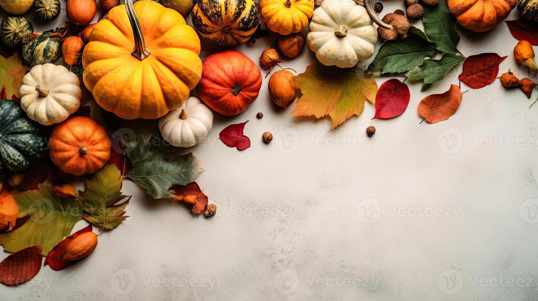 Thanksgiving day design of a collection of pumpkins and other vegetables for banner background, photo
