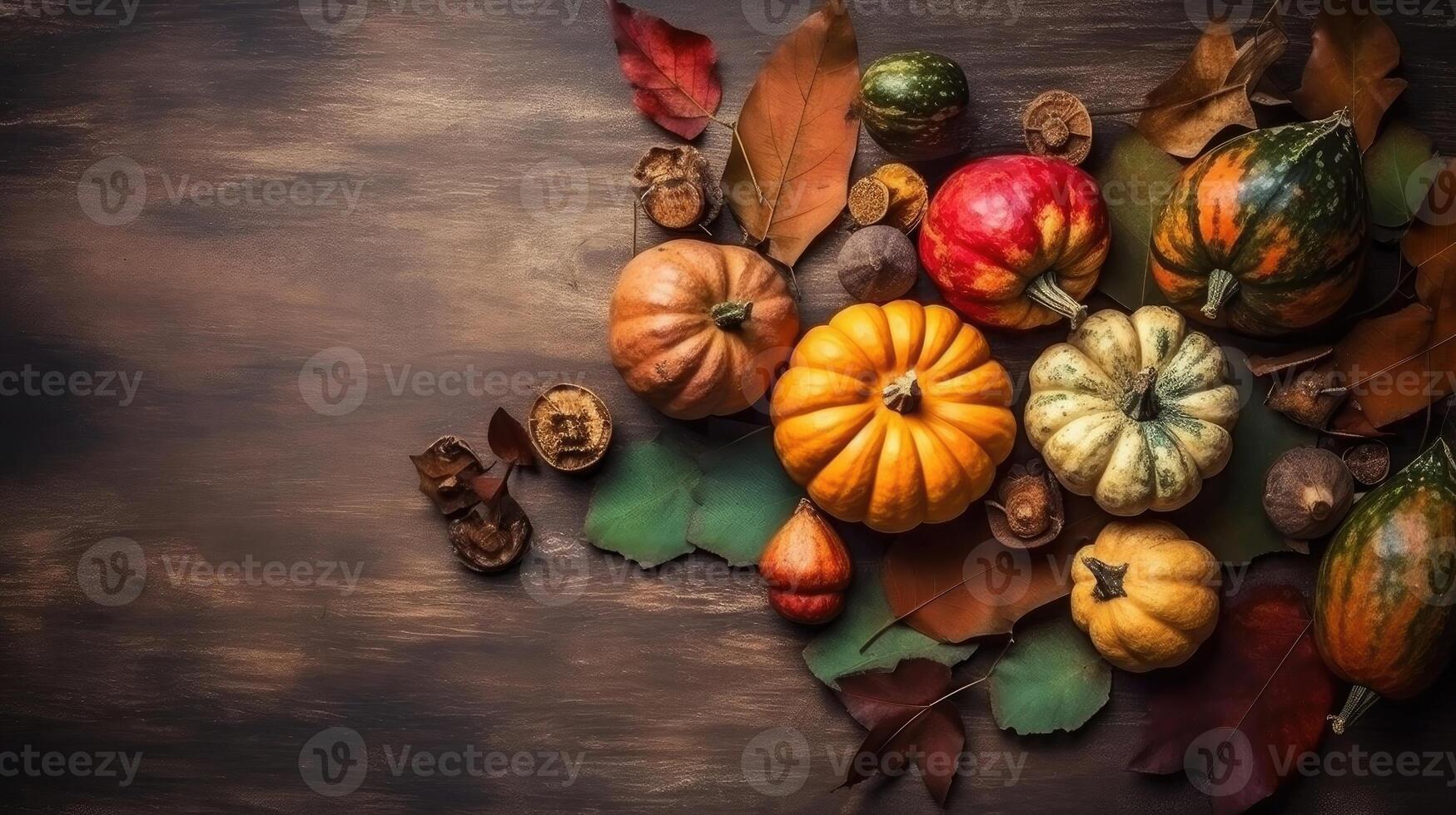 Thanksgiving Day with a collection of pumpkins on wood table background for banner design, photo