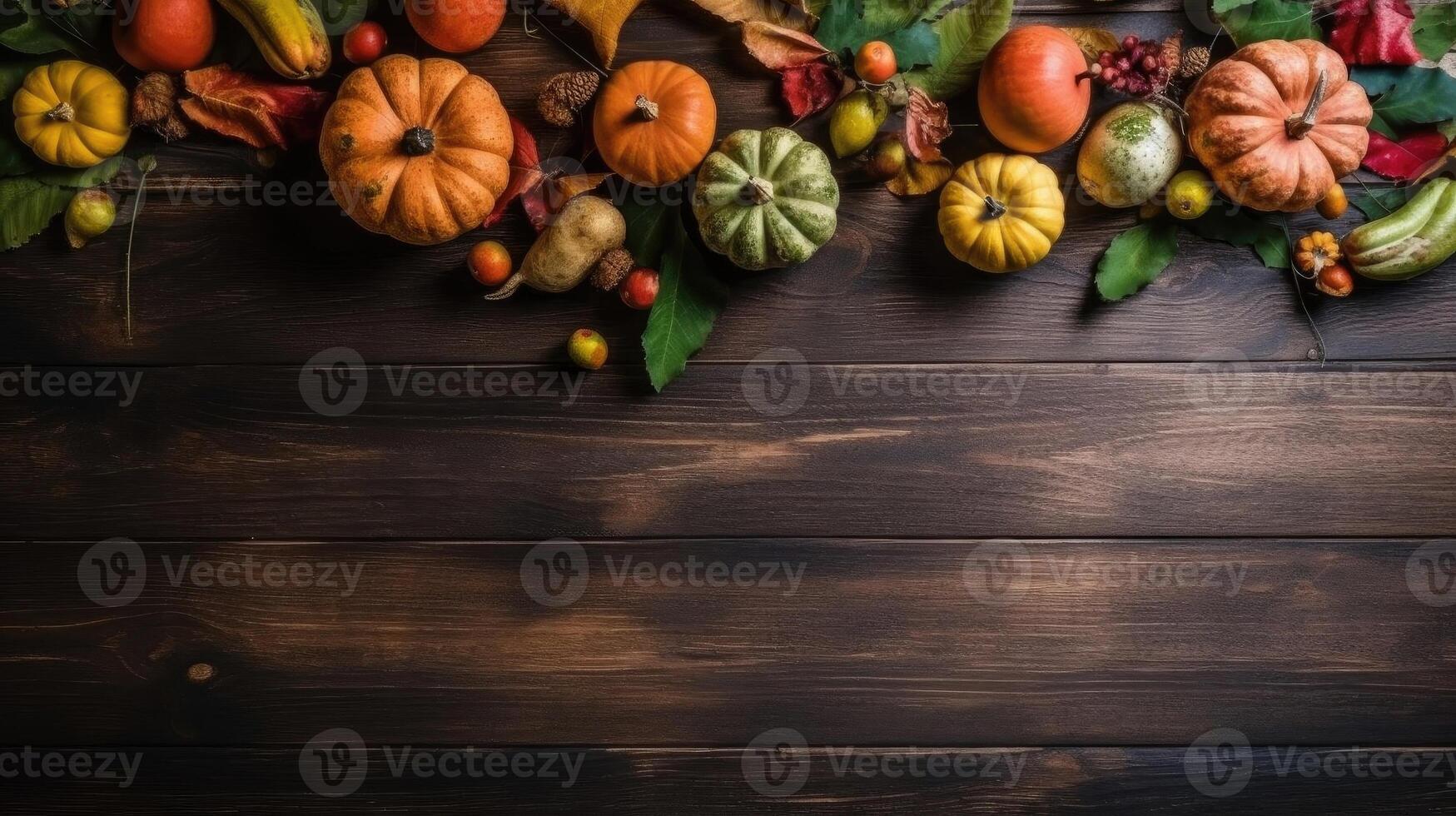 Thanksgiving Day with a collection of pumpkins on wood table background for banner design, photo