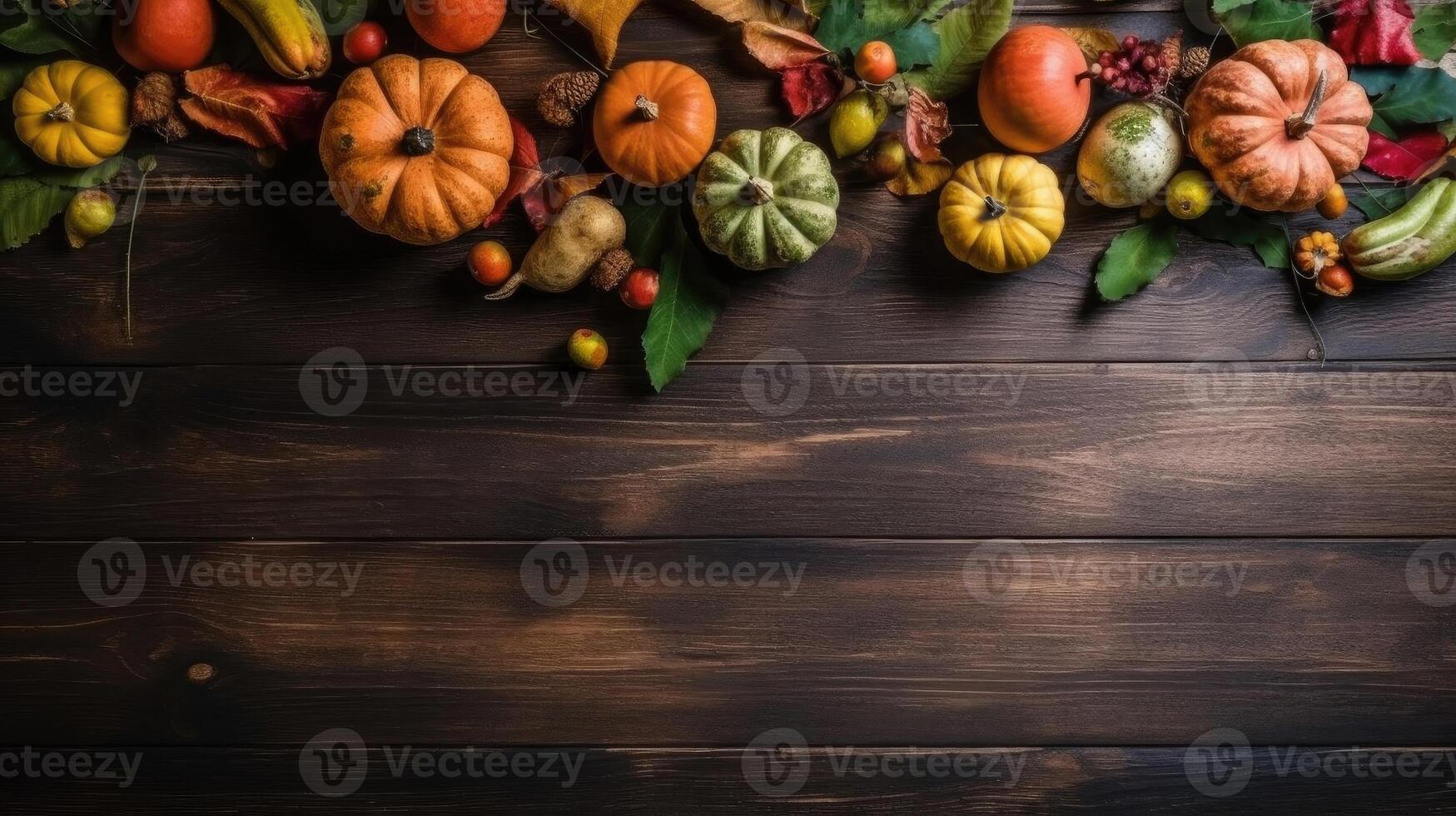 Thanksgiving Day with a collection of pumpkins on wood table background for banner design, AI Generative photo