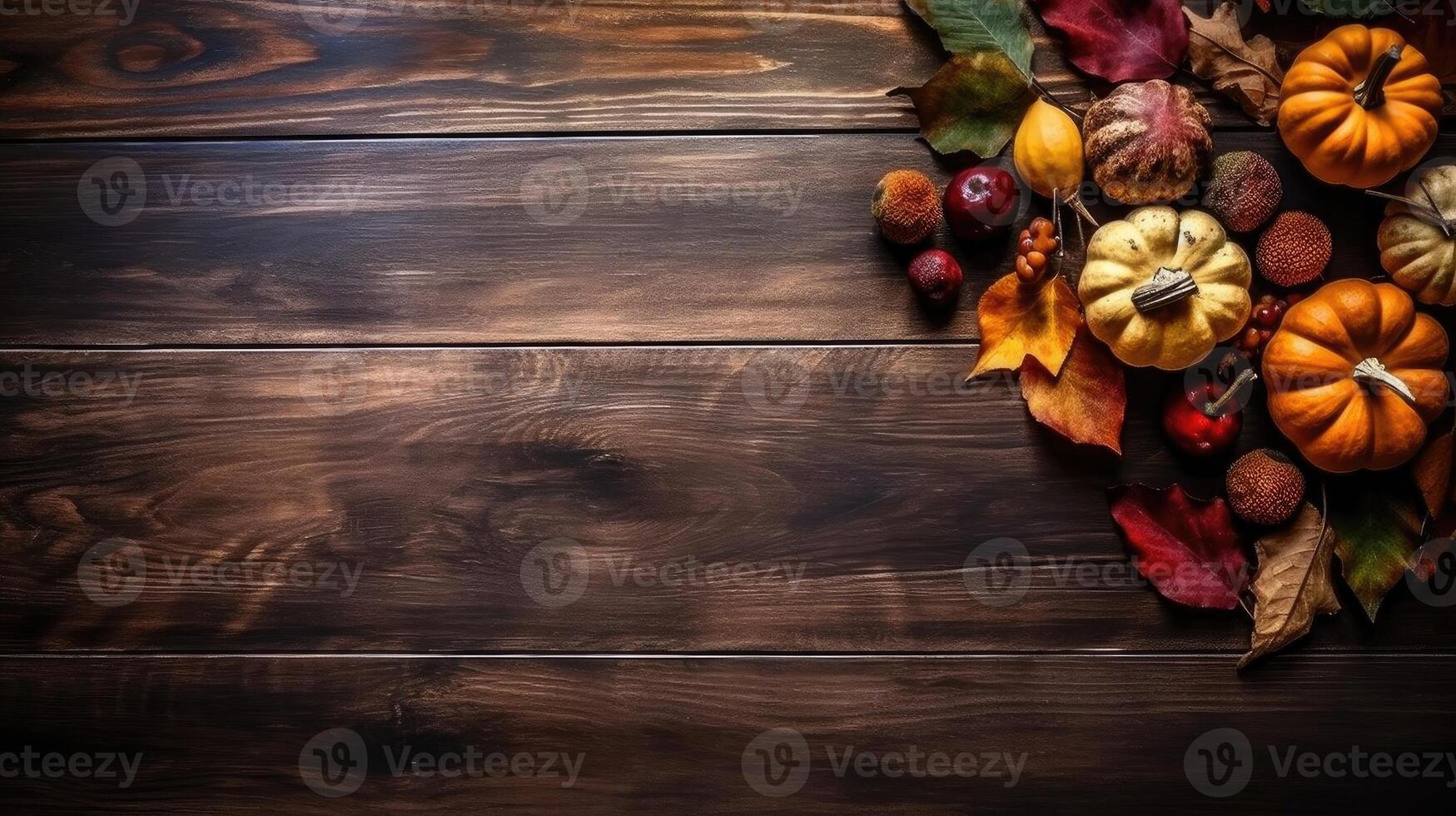 Thanksgiving Day with a collection of pumpkins on wood table background for banner design, photo
