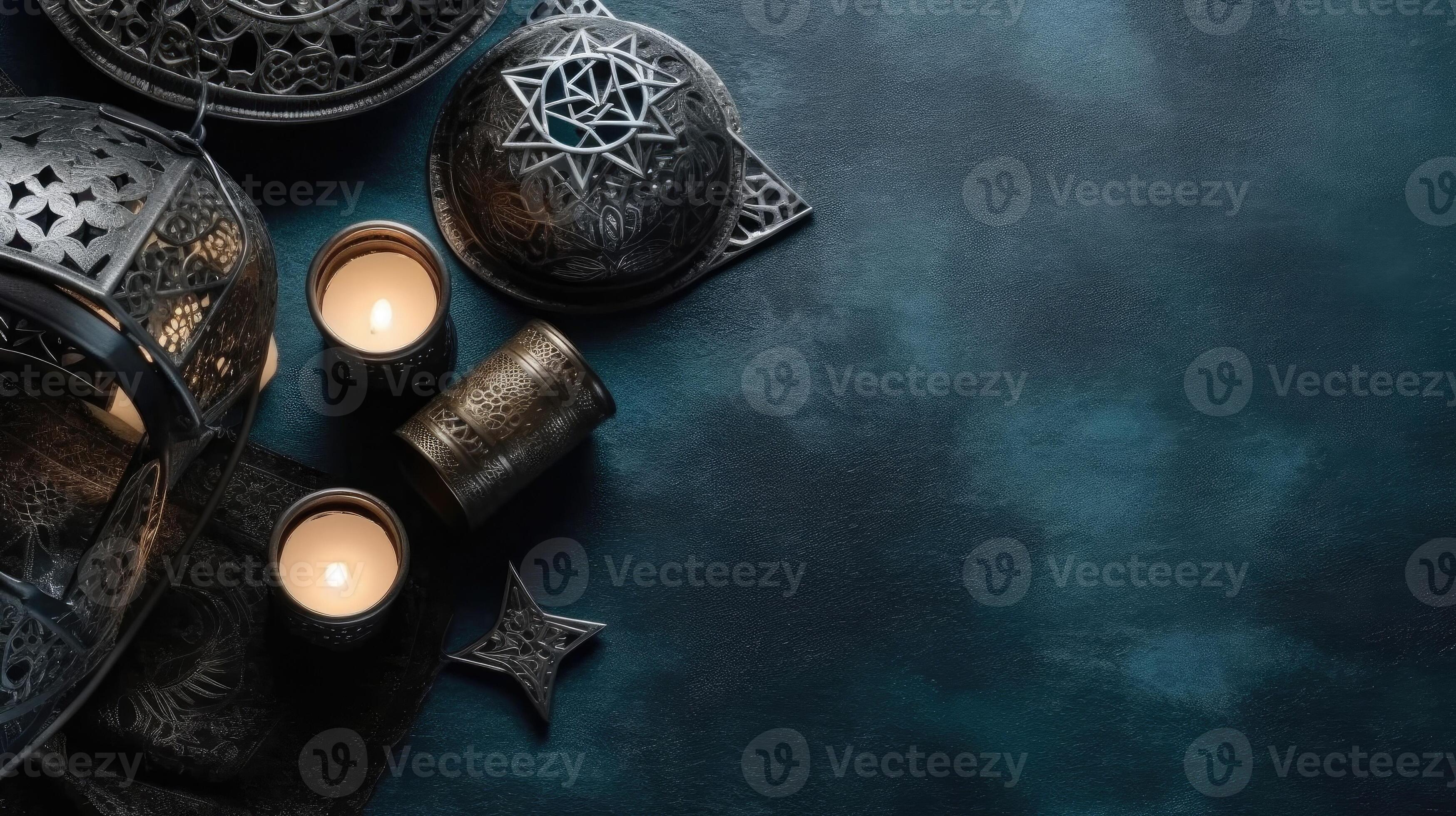 Top View of Ramadan banner concept design of Ramadan candle on pastel
