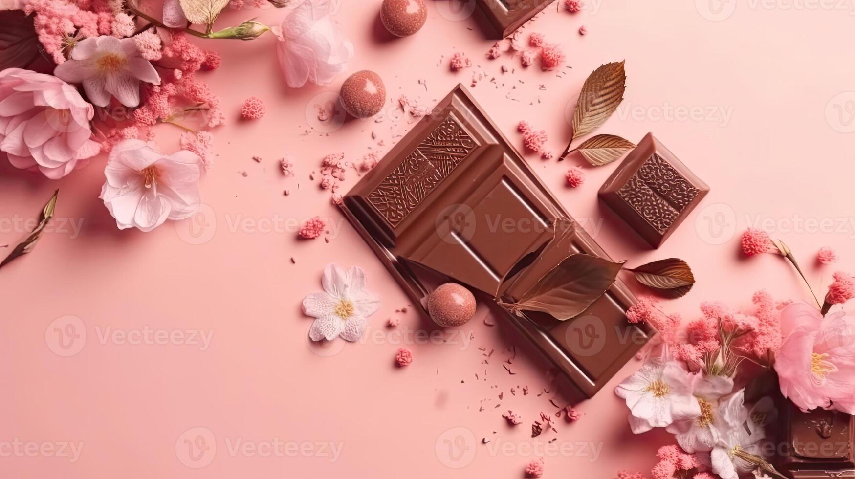 Top View of Valentine day banner design of a collection of chocolate and pink flower sprinkles, AI Generative photo