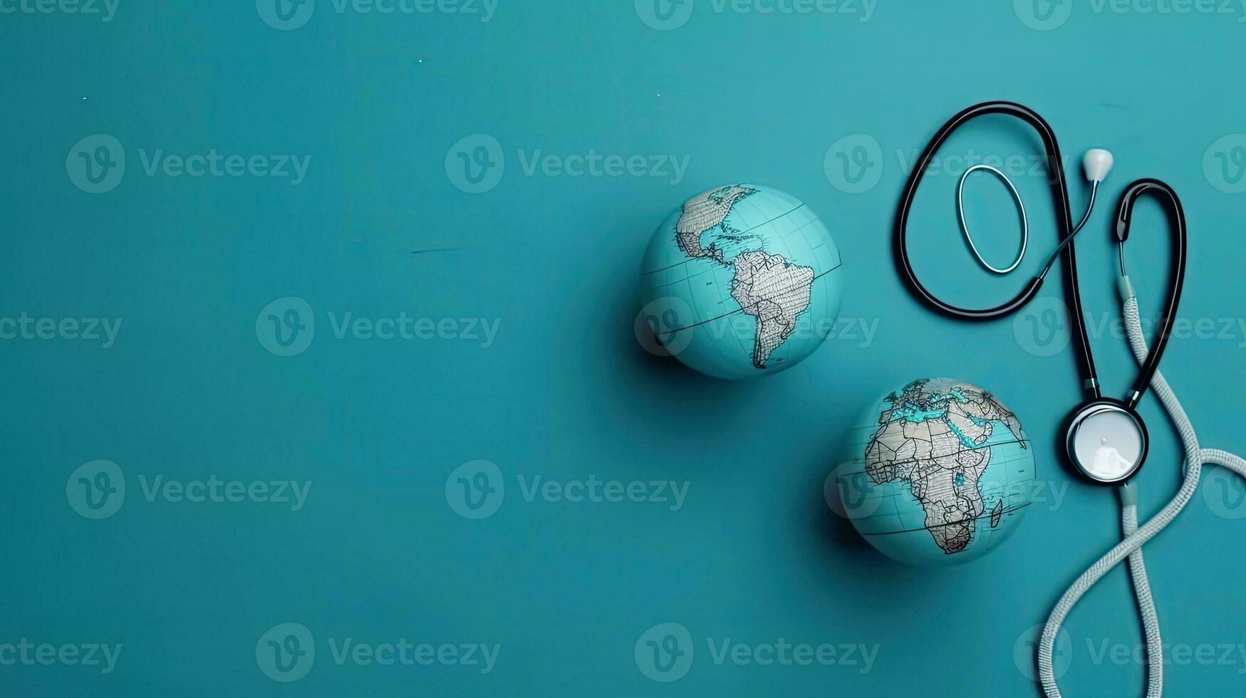 Perfect Concept Design background for World Health Day banner with stethoscope and miniature earth, AI Generative photo