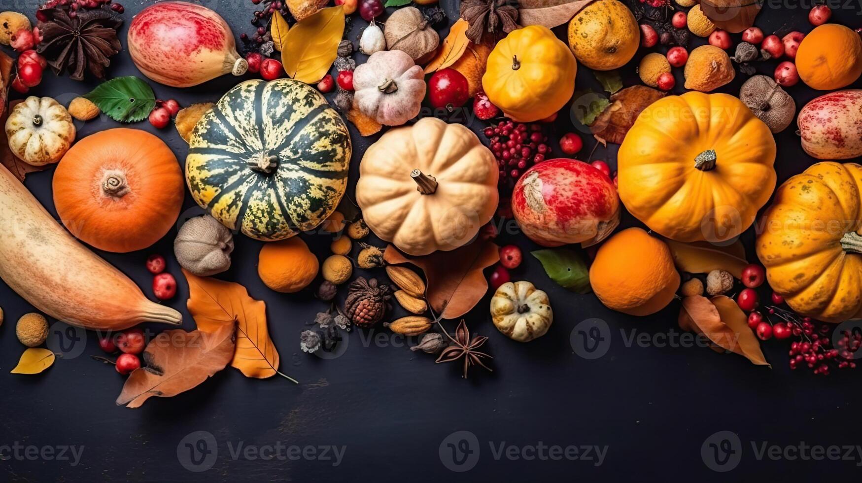 Top View of Thanksgiving day banner design of a collection of pumpkins and other vegetables, photo
