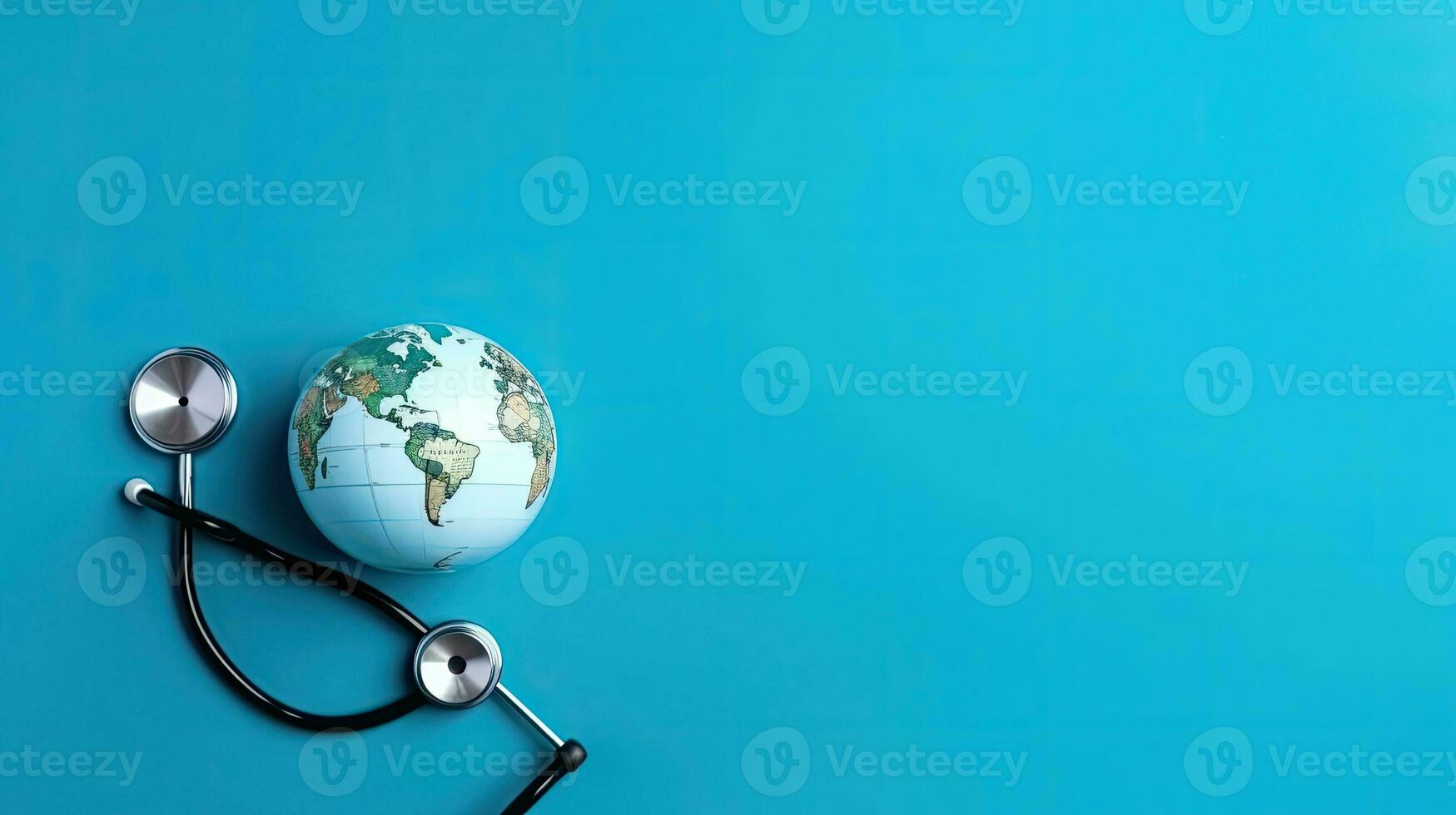 Perfect Concept Design background for World Health Day banner with stethoscope and miniature earth, AI Generative photo