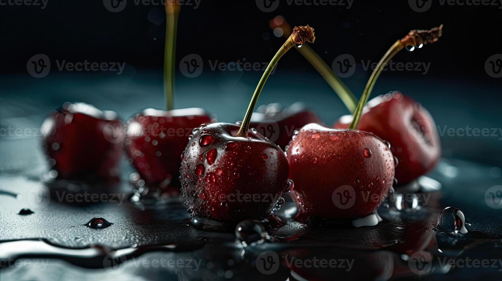 red cherry fruits hit by splashes of water with blur black background, photo