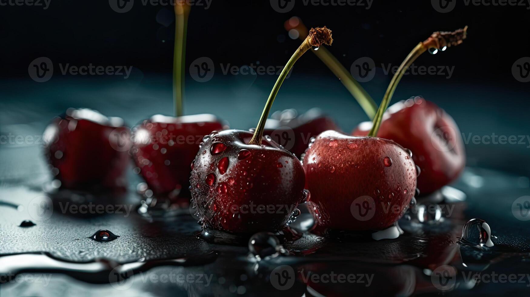 red cherry fruits hit by splashes of water with blur black background, AI Generative photo