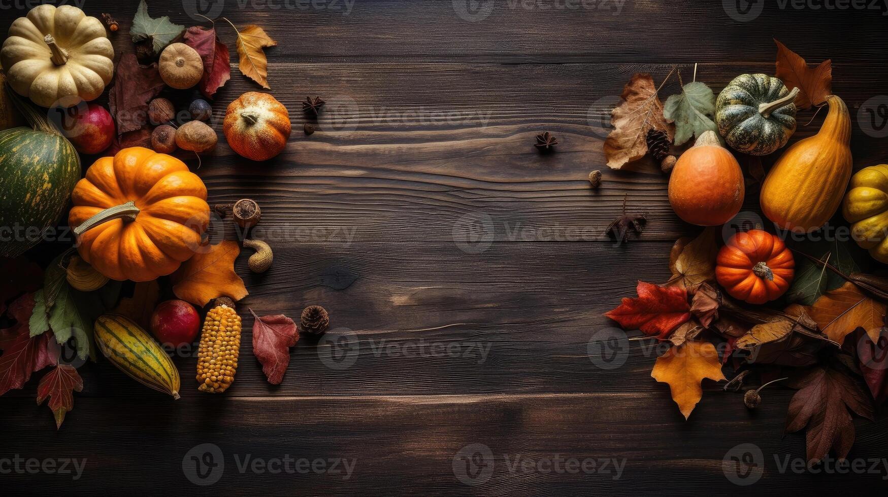 Thanksgiving Day banner design with brown wood table background, photo