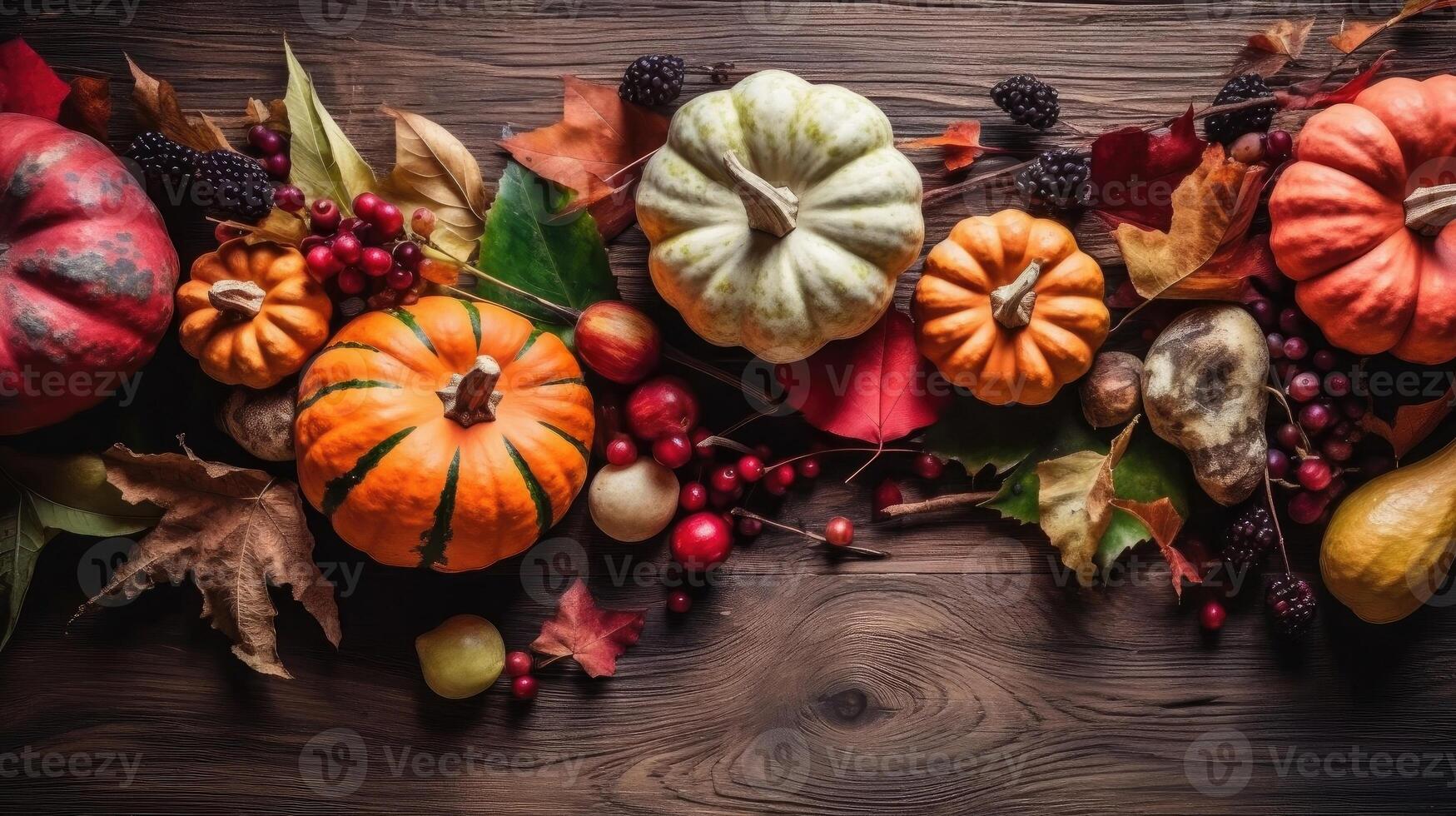 Top View of Thanksgiving day banner design of a collection of pumpkins and other vegetables, photo
