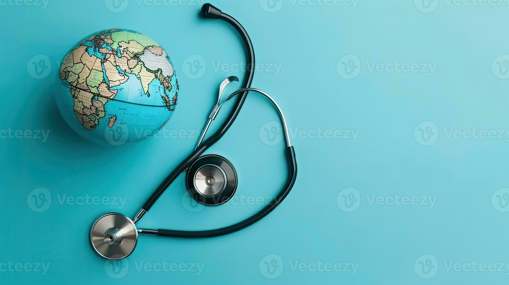 World Health Day with stethoscope and miniature earth on blue background for banner design, AI Generative photo