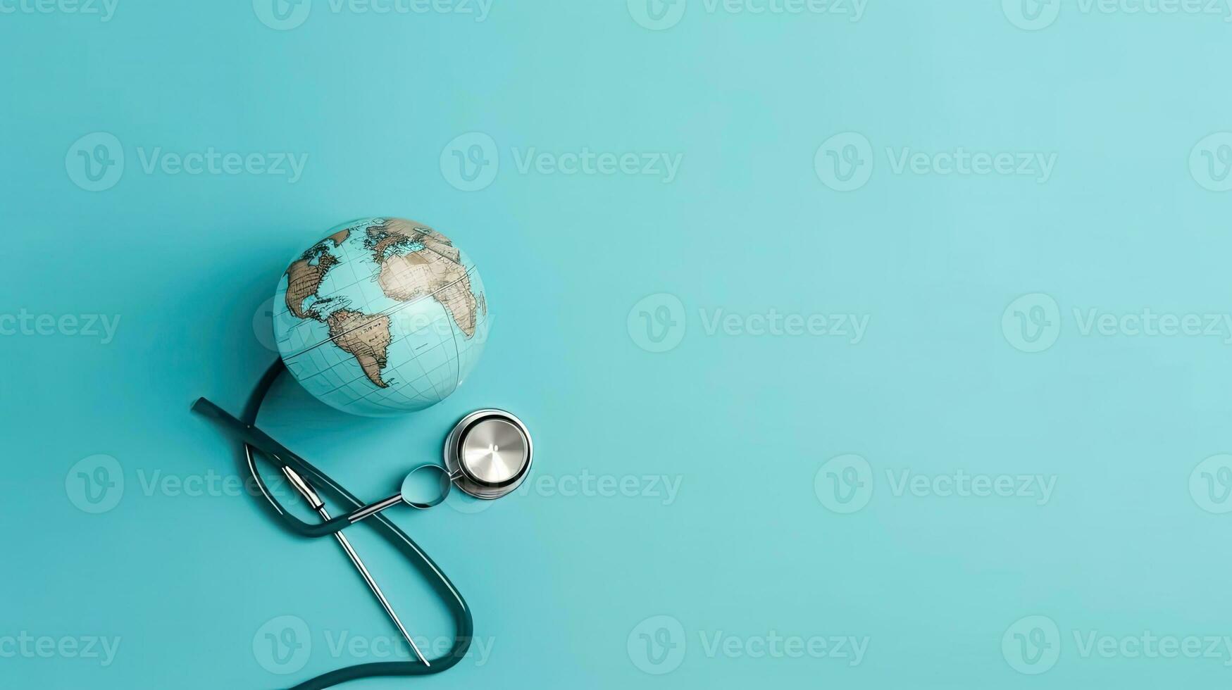 parte superior ver de mundo salud día bandera diseño de un estetoscopio y miniatura tierra en azul fondo, ai generativo foto