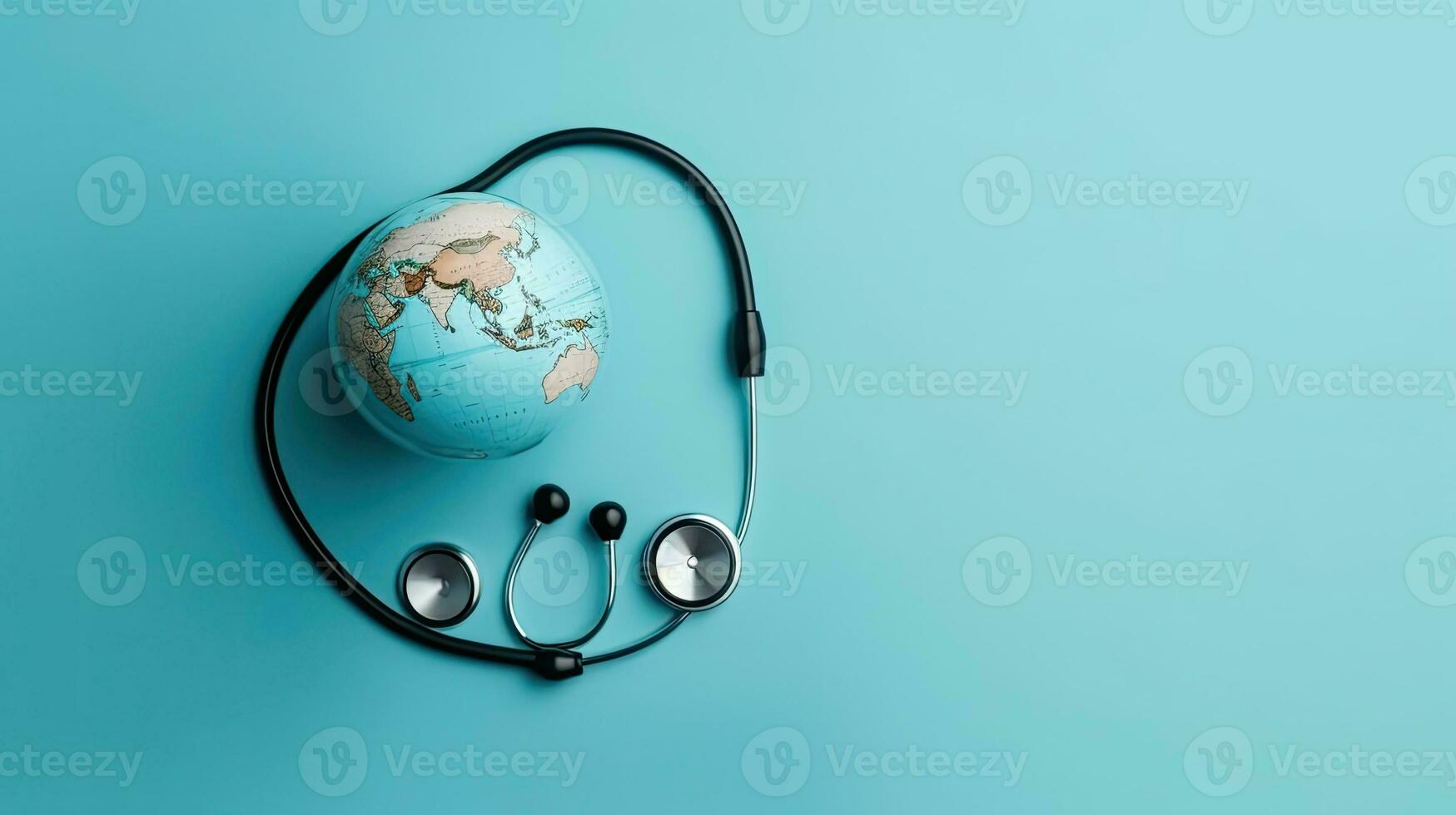 mundo salud día antecedentes con estetoscopio y miniatura tierra en azul fondo, ai generativo foto