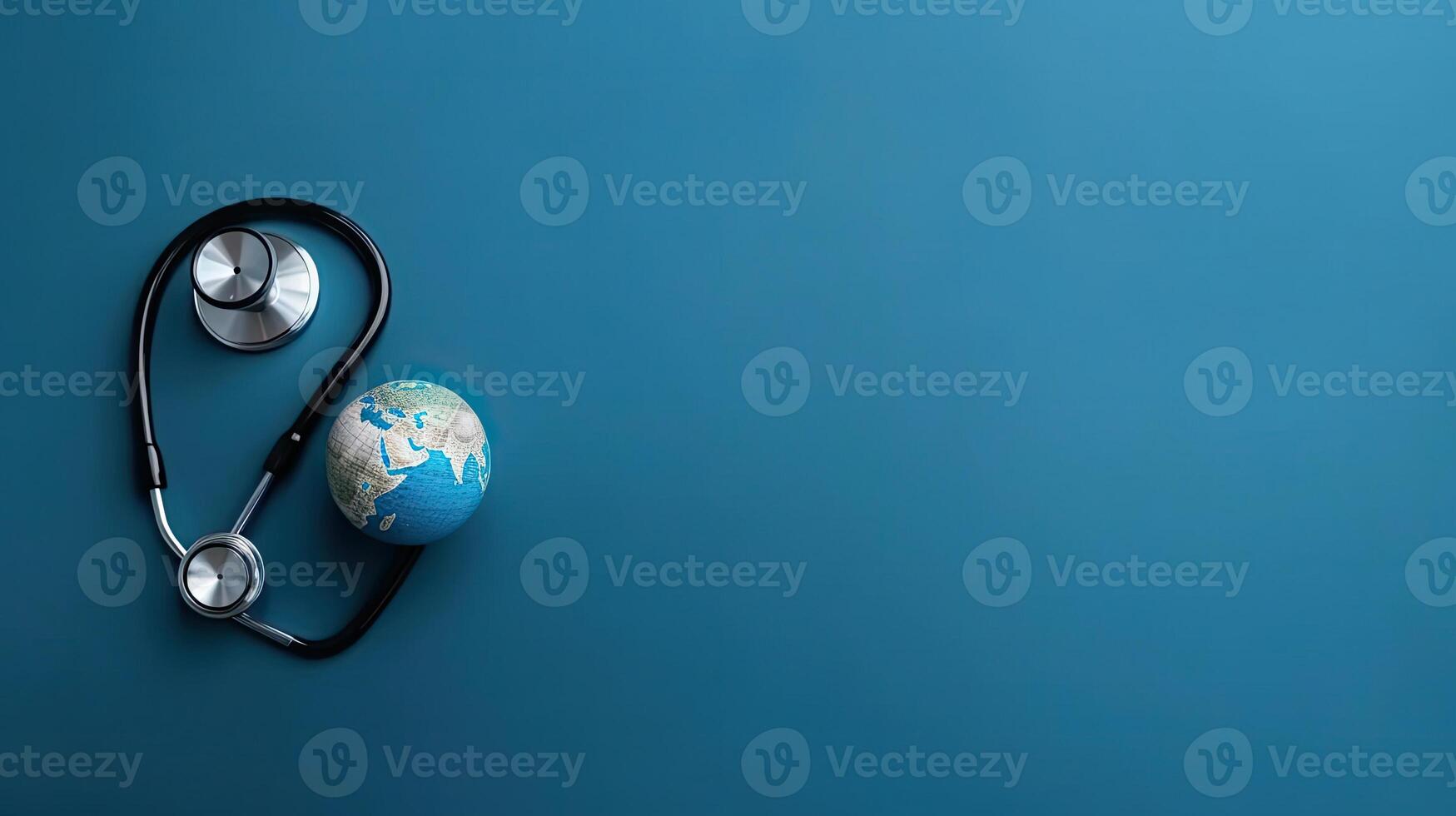 Top View of World Health day banner design of a stethoscope and miniature earth on blue background, photo