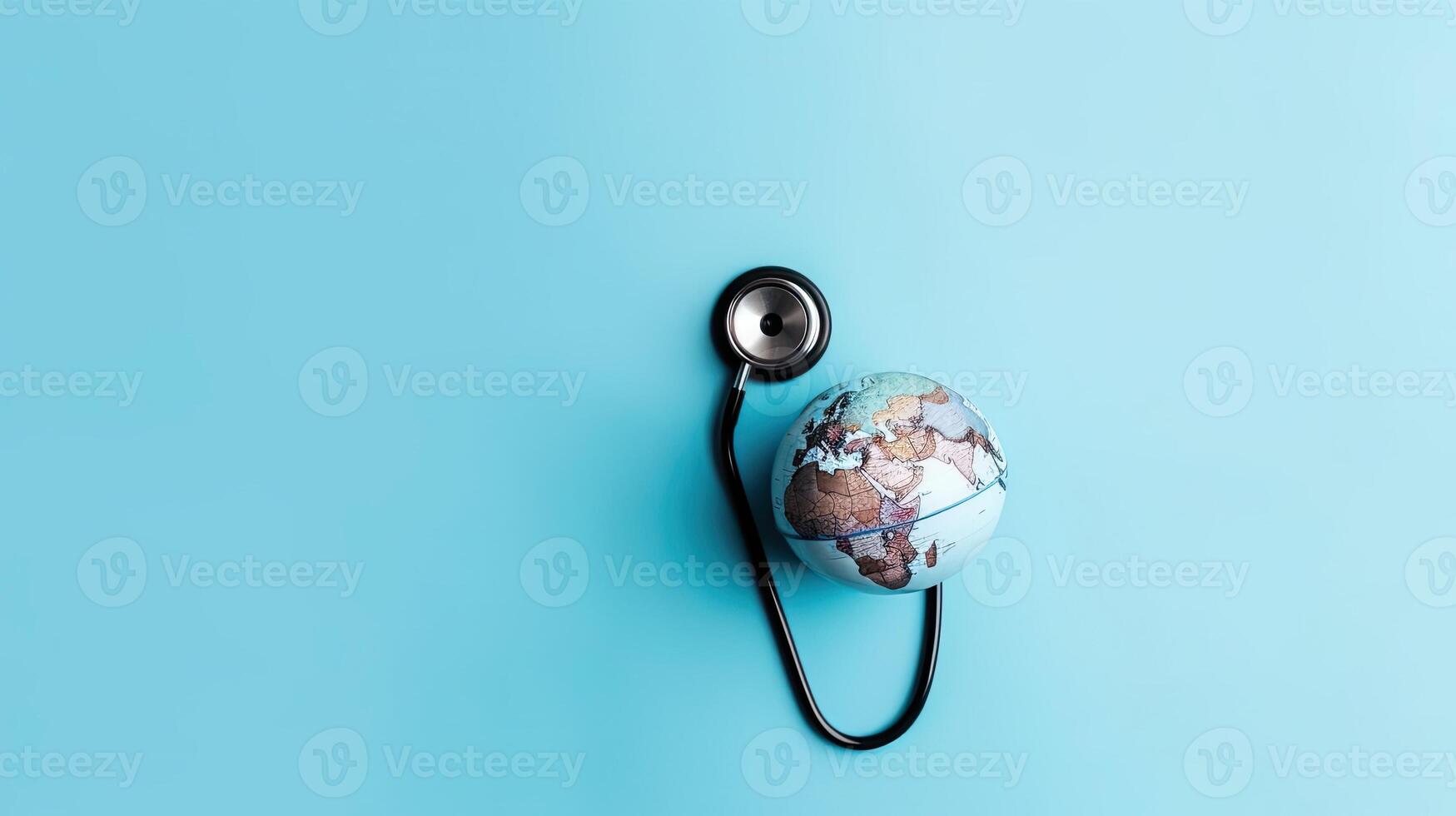 Top View of World Health day banner design of a stethoscope and miniature earth, photo