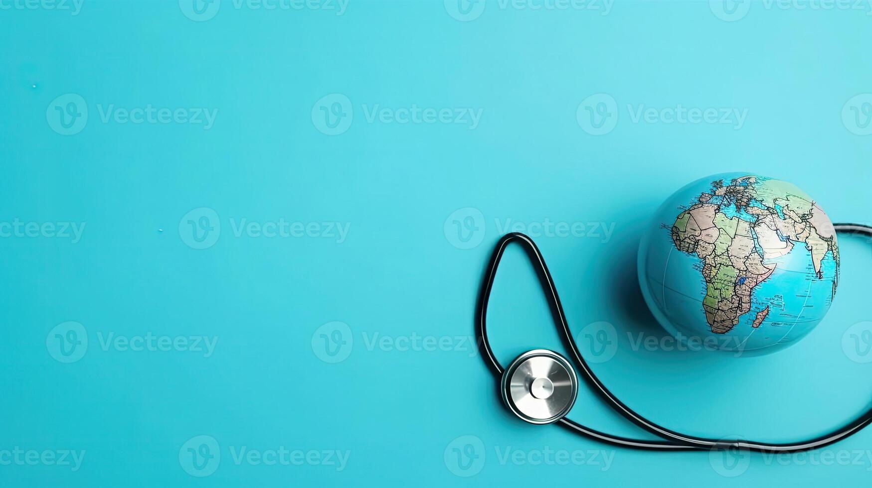 a stethoscope and miniature earth on blue background for World Health day, photo