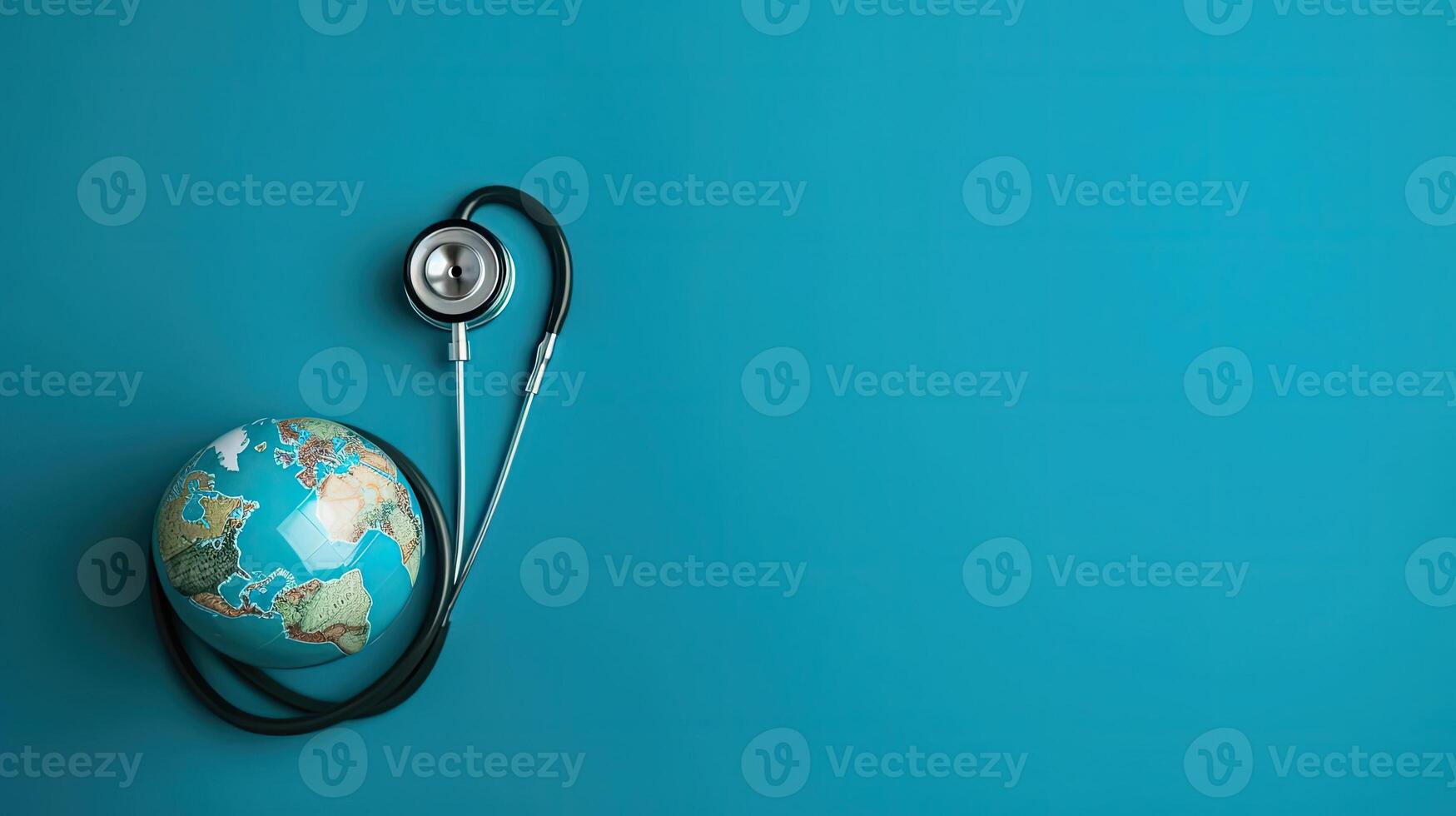 World Health Day Banner Background with stethoscope ornament and earth miniature, AI Generative photo