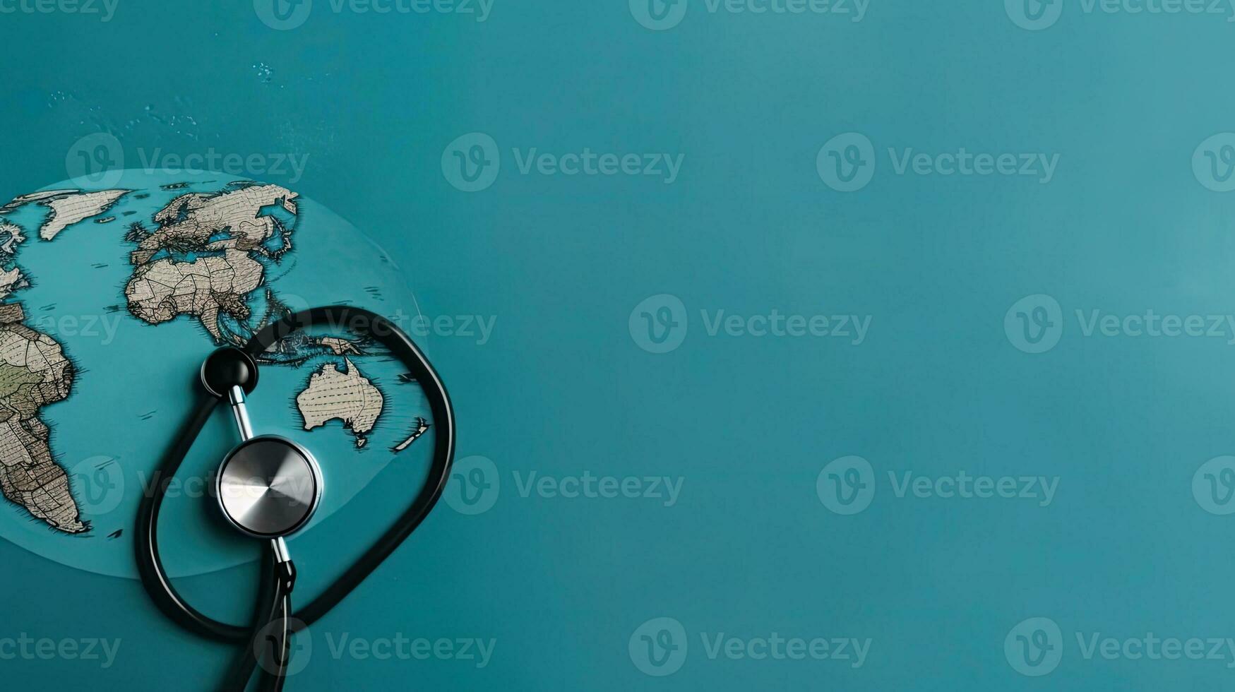 Top View of World Health day banner design of a stethoscope and miniature earth on blue background, AI Generative photo