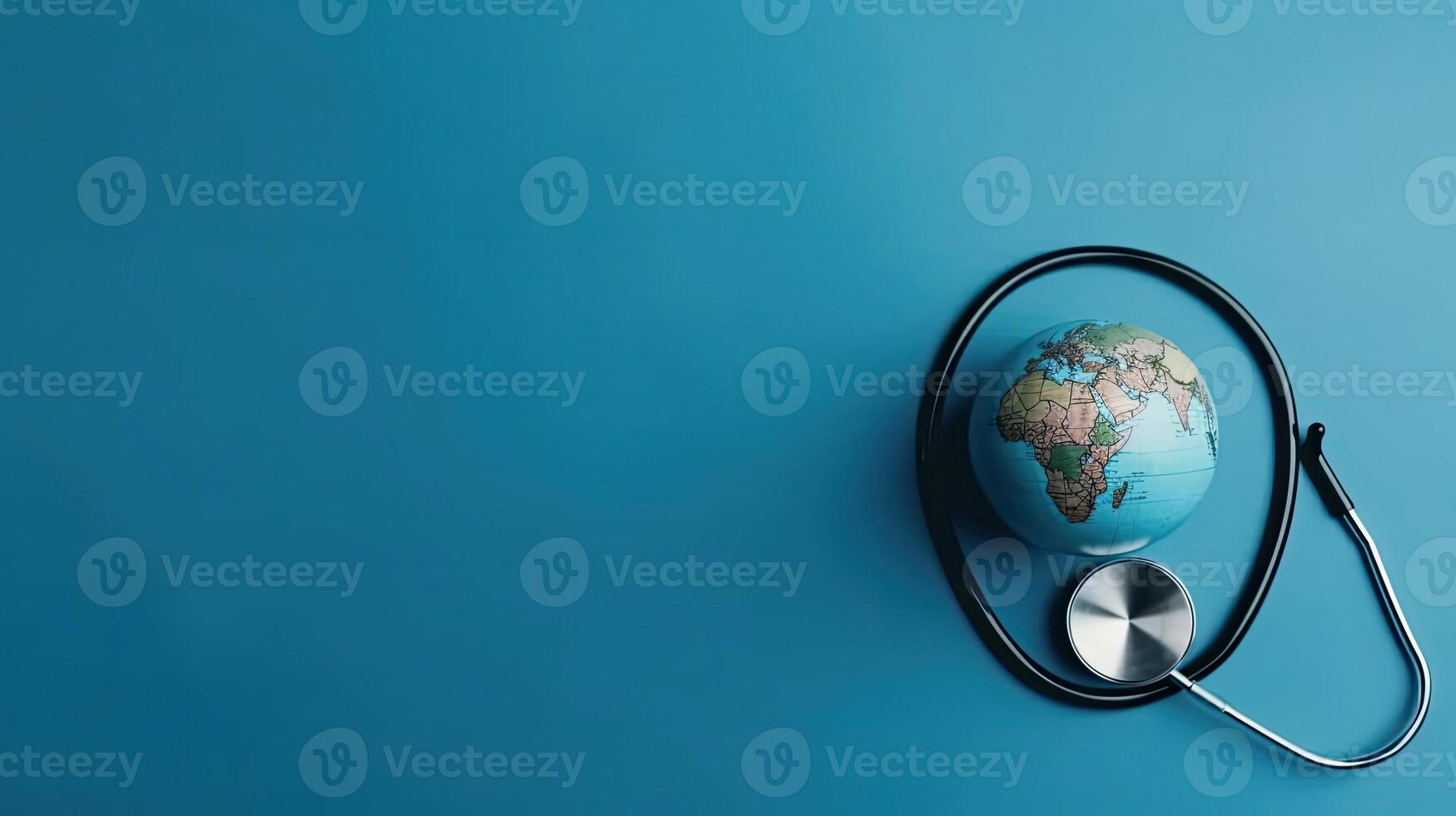 a stethoscope and miniature earth on blue background for World Health day, AI Generative photo