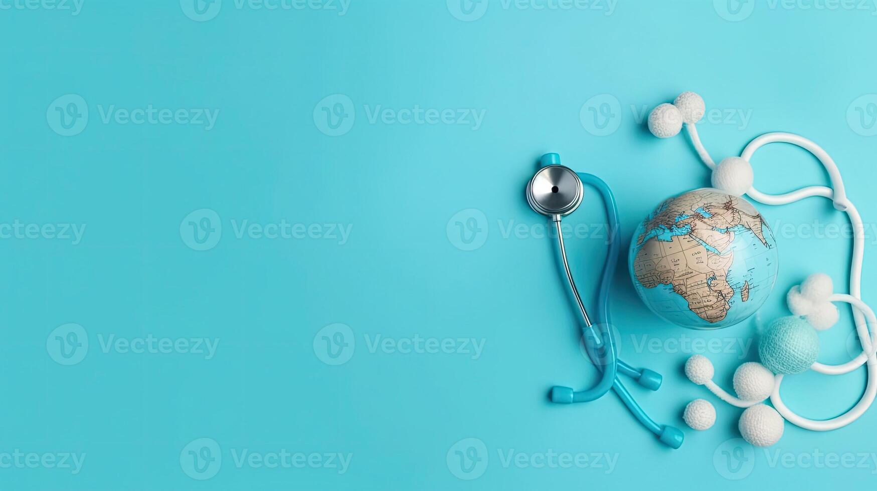 World Health Day for sale banner background with stethoscope and miniature earth on blue background, AI Generative photo