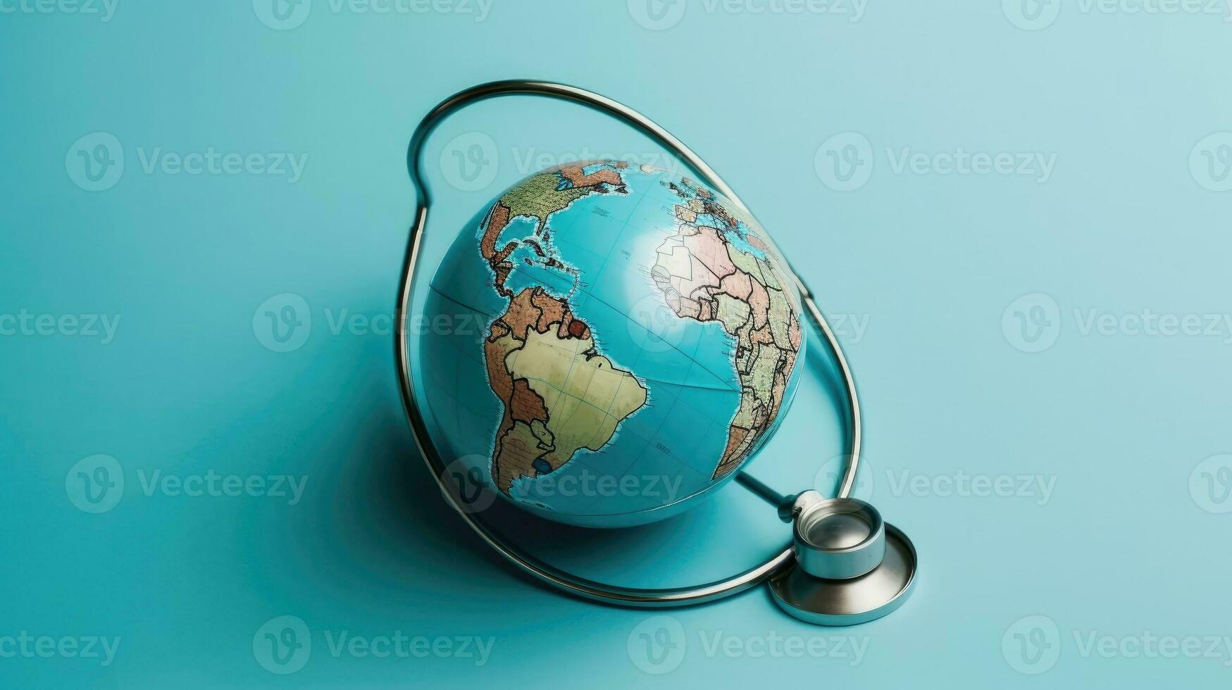 World Health Day for sale banner background with stethoscope and miniature earth on blue background, AI Generative photo