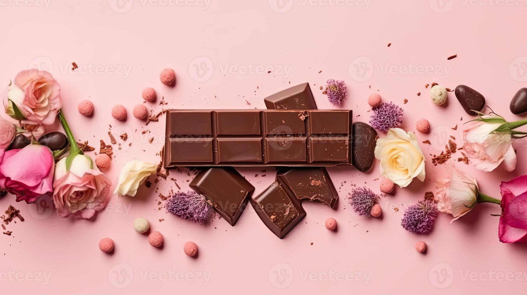 Valentine day background with a collection of chocolate and pink flower sprinkles, AI Generative photo