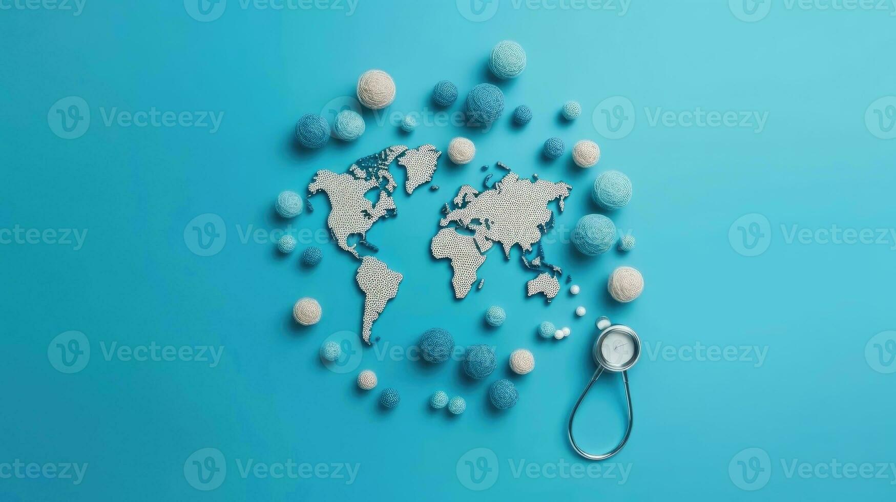 Top View of World Health day banner design of a stethoscope and miniature earth on blue background, AI Generative photo